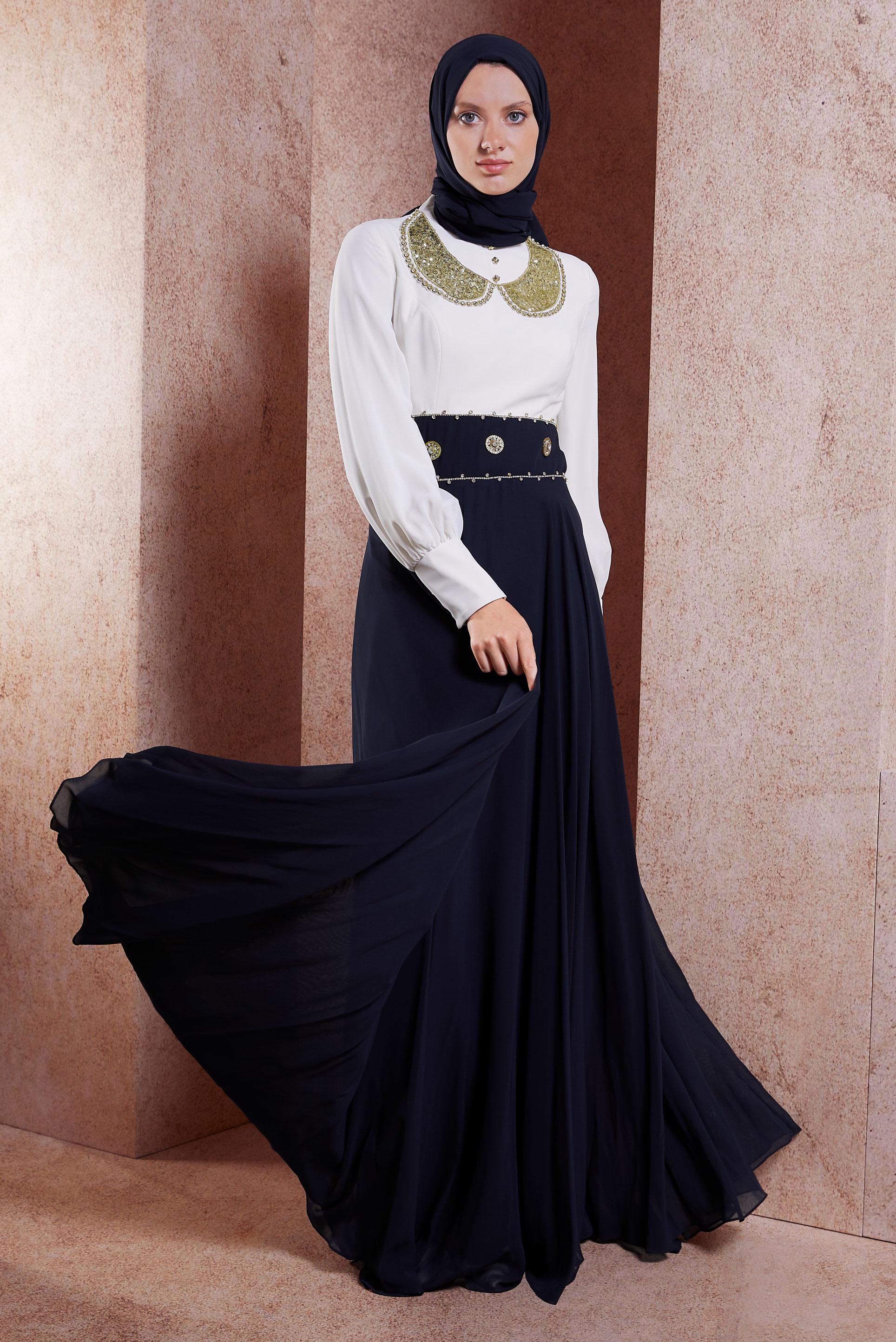 Tesettür giyim LACİVERT TAŞLI ŞİFON ABİYE ELBİSE 5950