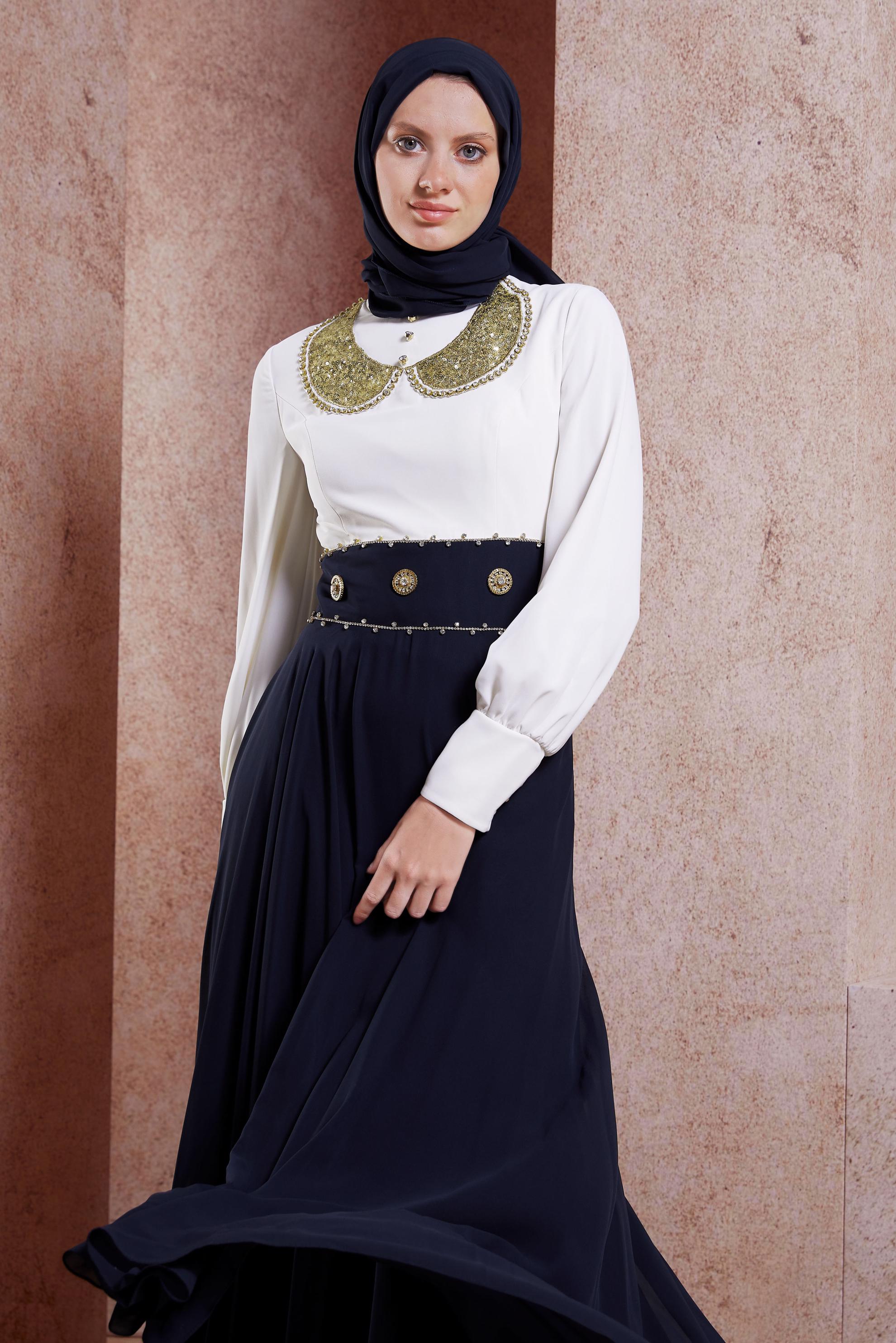 Tesettür giyim LACİVERT TAŞLI ŞİFON ABİYE ELBİSE 5950