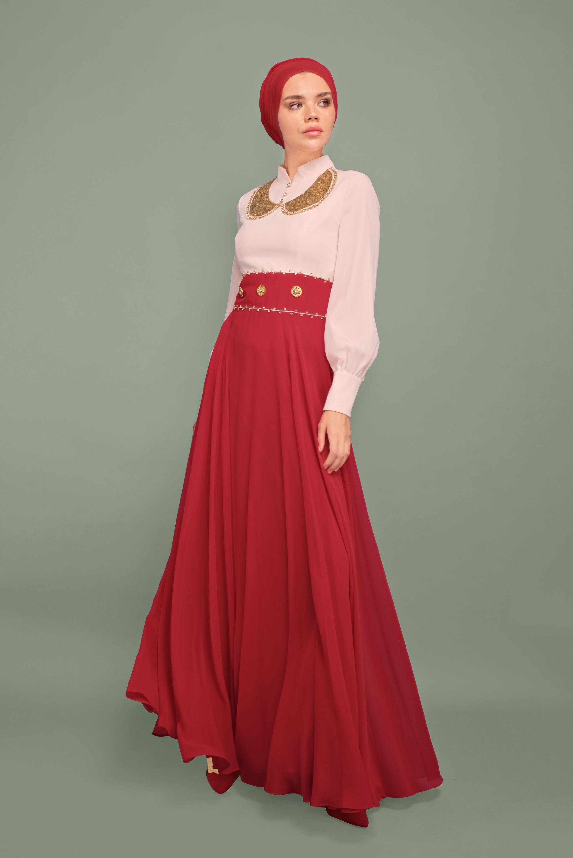 Tesettür giyim BORDO TAŞLI ŞİFON ABİYE ELBİSE 5950