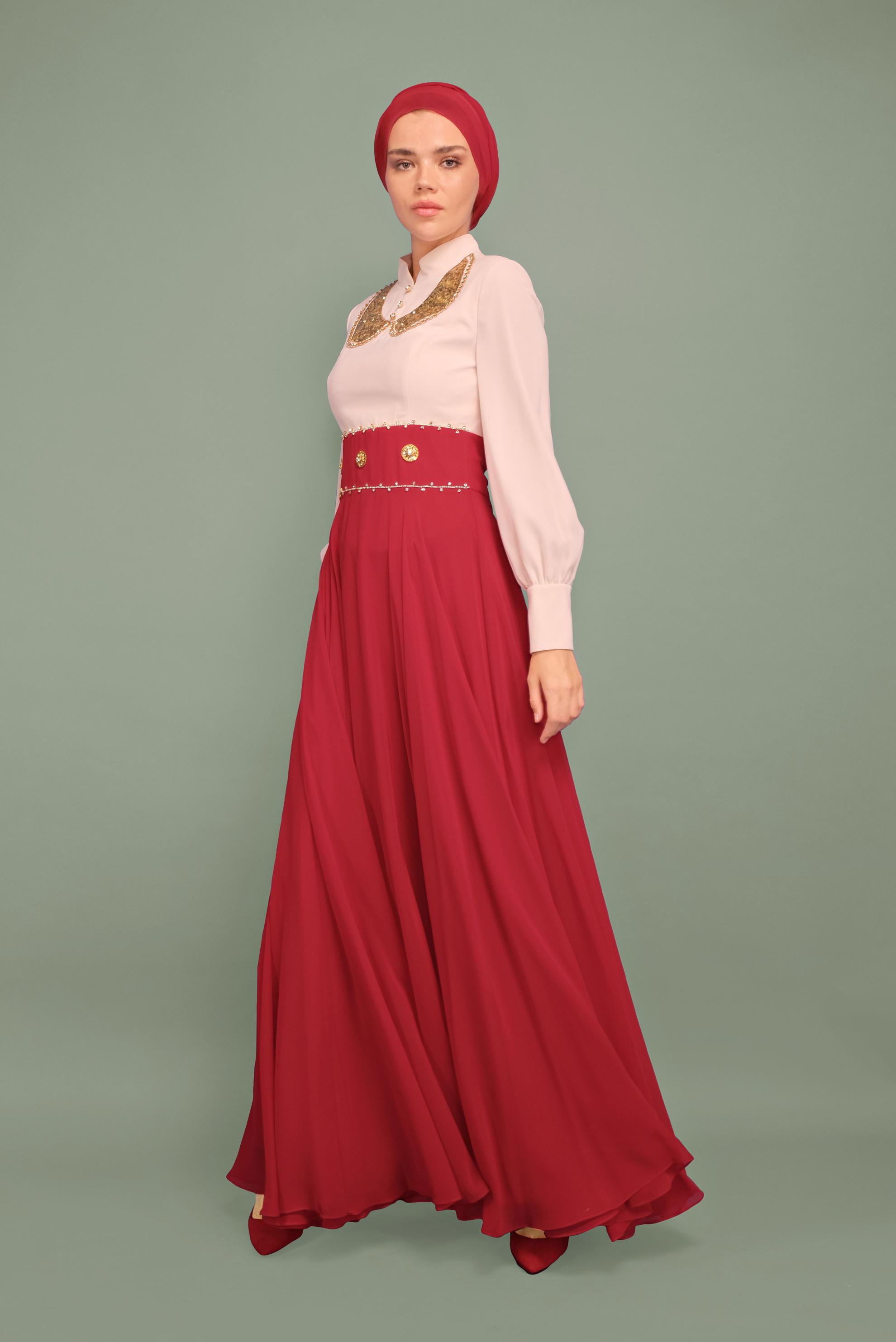 Tesettür giyim BORDO TAŞLI ŞİFON ABİYE ELBİSE 5950