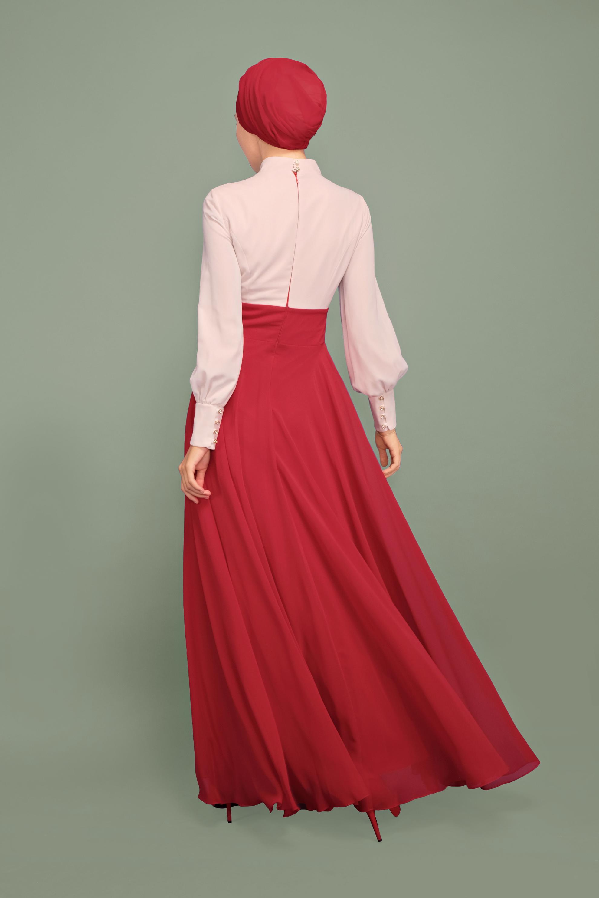 Tesettür giyim BORDO TAŞLI ŞİFON ABİYE ELBİSE 5950