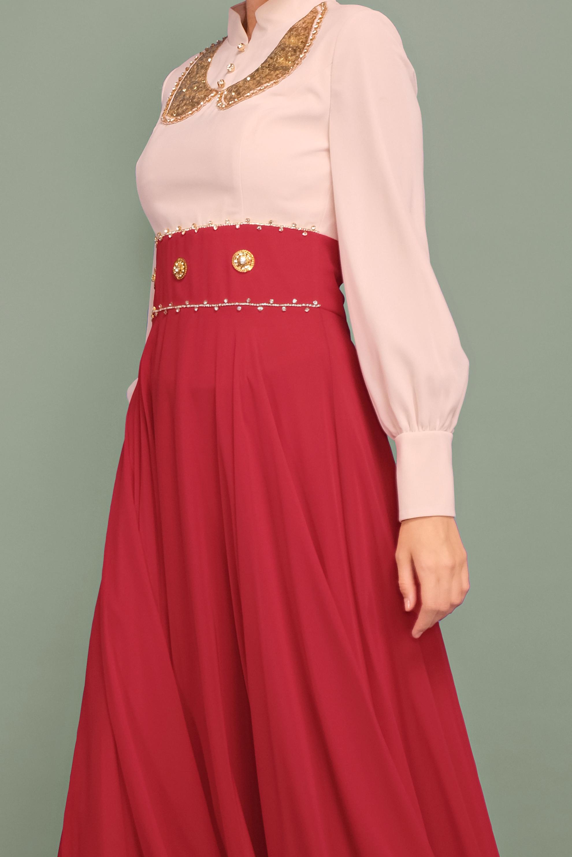 Tesettür giyim BORDO TAŞLI ŞİFON ABİYE ELBİSE 5950