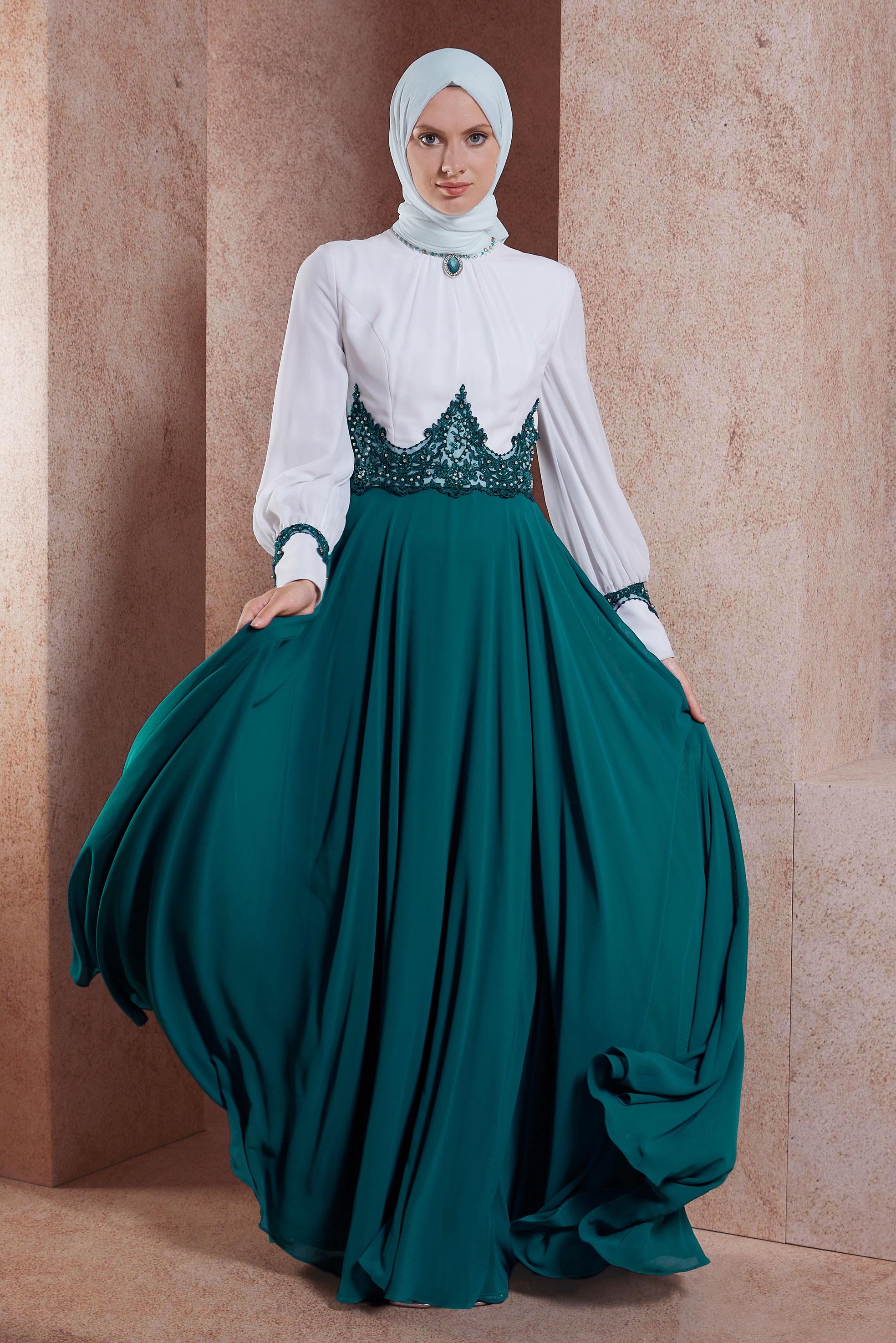 Tesettür giyim MAVİ ŞİFON ABİYE ELBİSE 5951