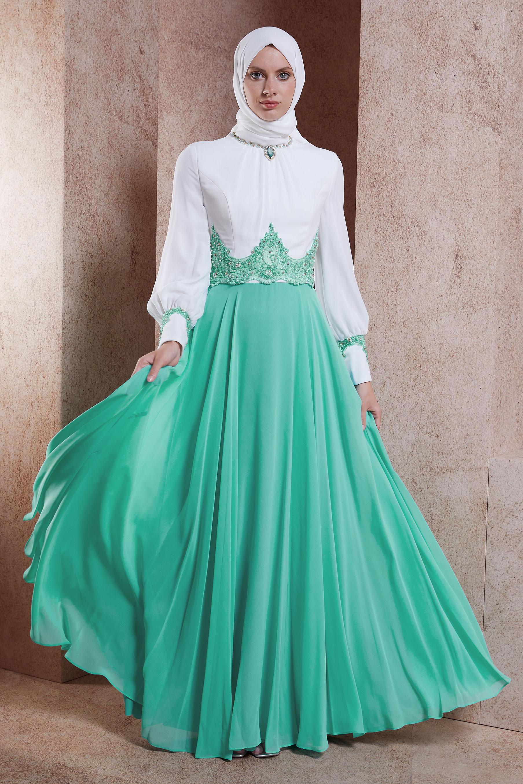 Tesettür giyim YEŞİL ŞİFON ABİYE ELBİSE 5951