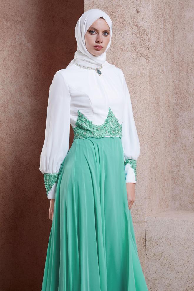 Tesettür giyim YEŞİL ŞİFON ABİYE ELBİSE 5951 - ALVİNA