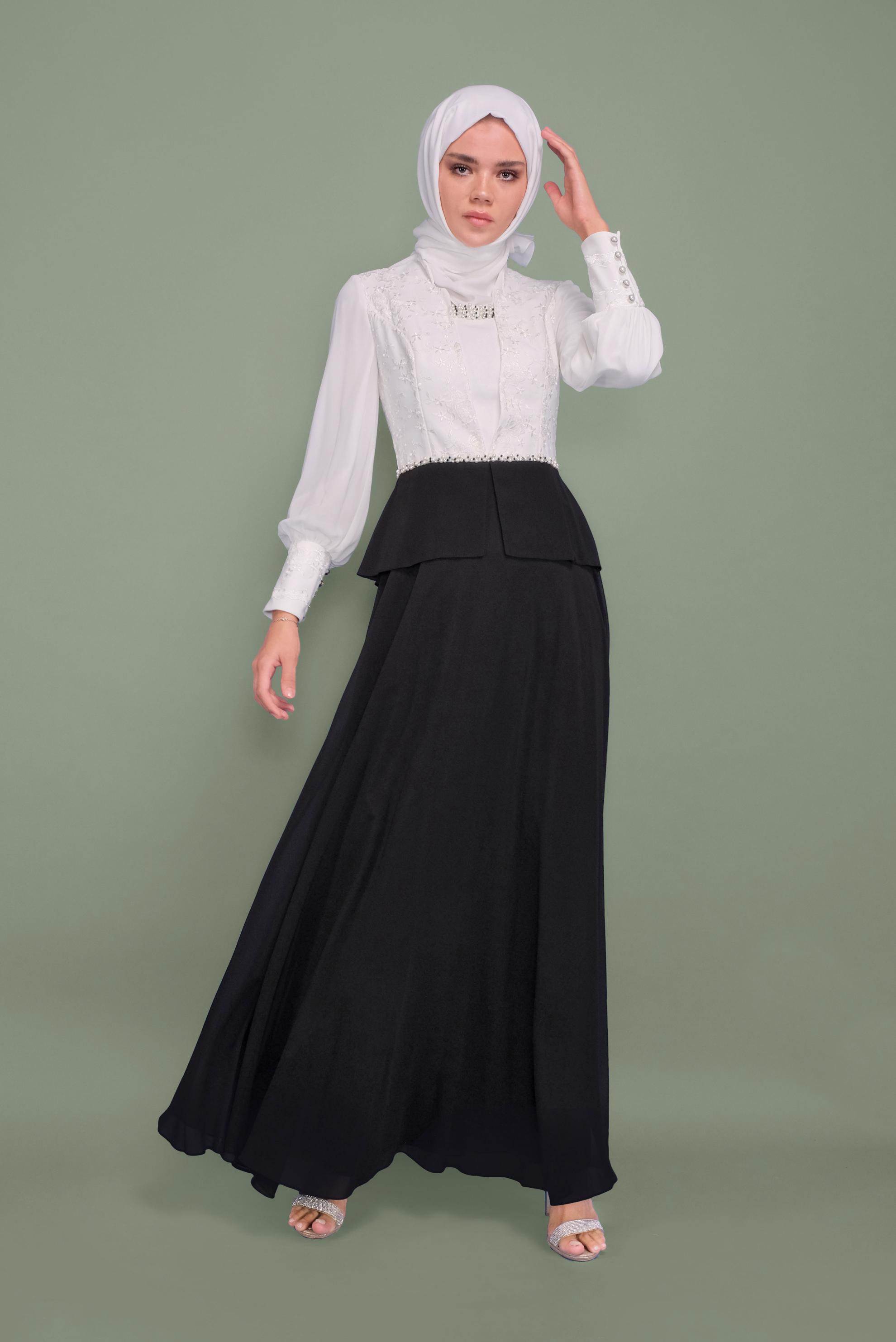 Tesettür giyim SİYAH BONCUK DETAYLI ŞİFON ABİYE ELBİSE 5954