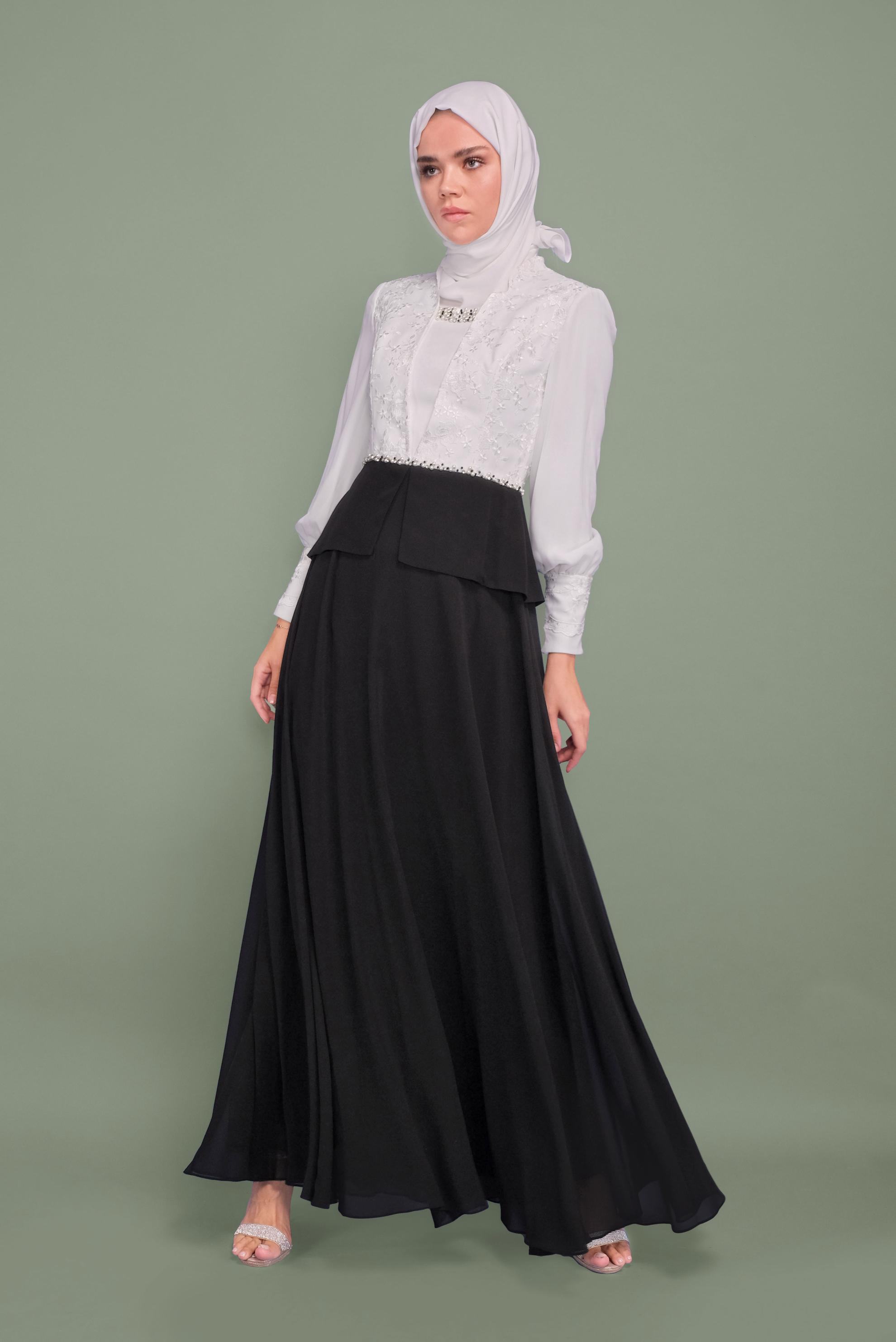 Tesettür giyim SİYAH BONCUK DETAYLI ŞİFON ABİYE ELBİSE 5954