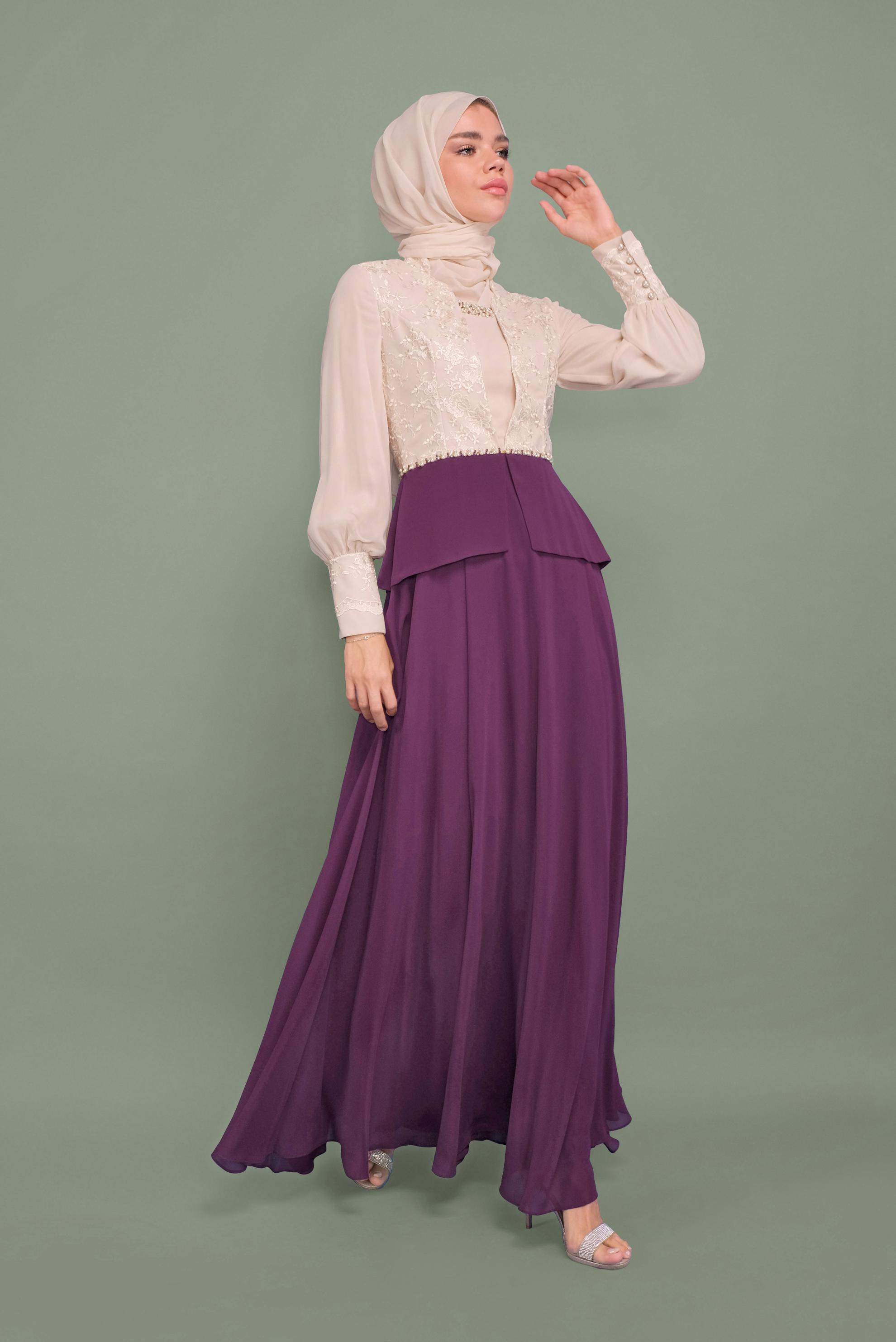 Tesettür giyim MOR BONCUK DETAYLI ŞİFON ABİYE ELBİSE 5954