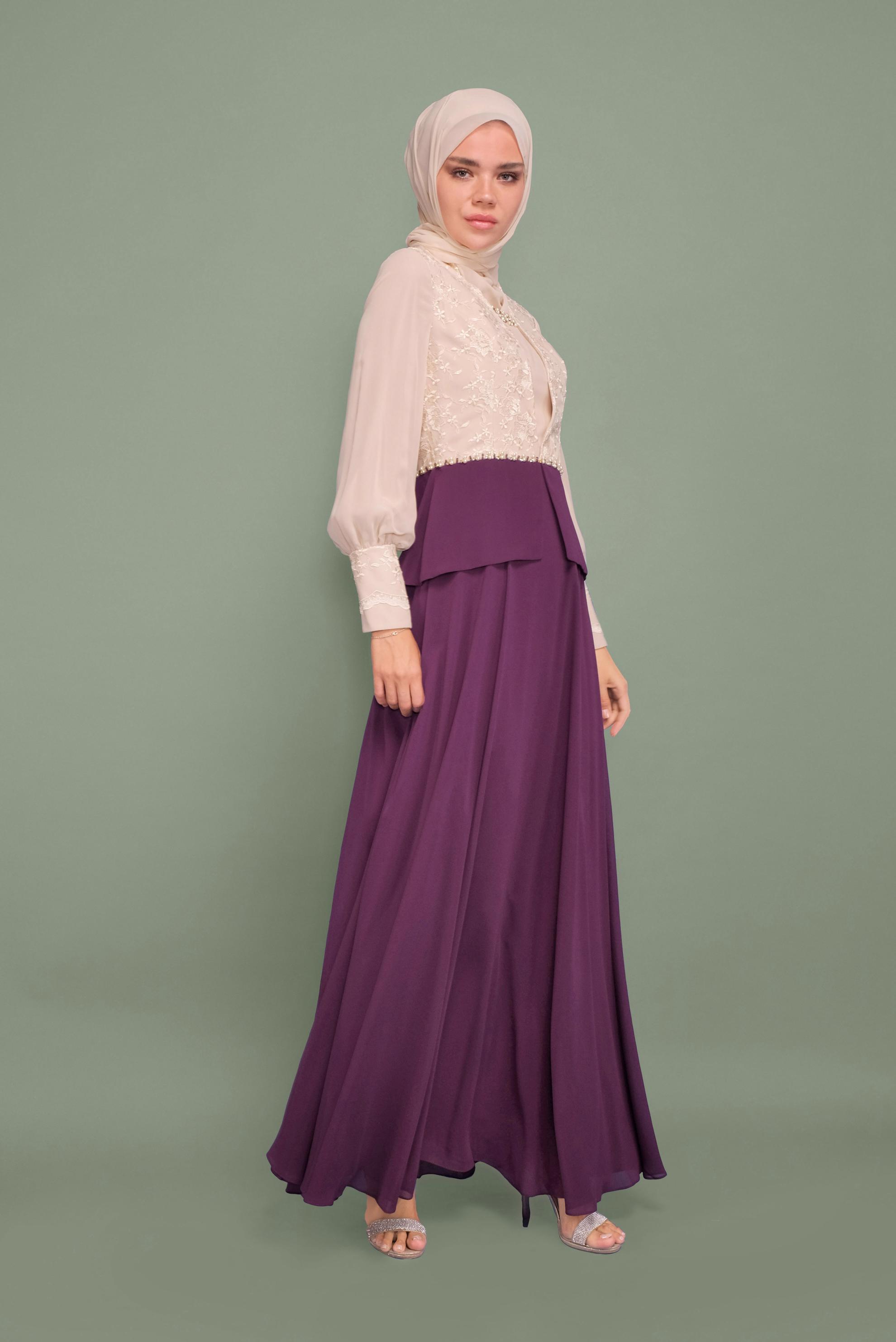 Tesettür giyim MOR BONCUK DETAYLI ŞİFON ABİYE ELBİSE 5954