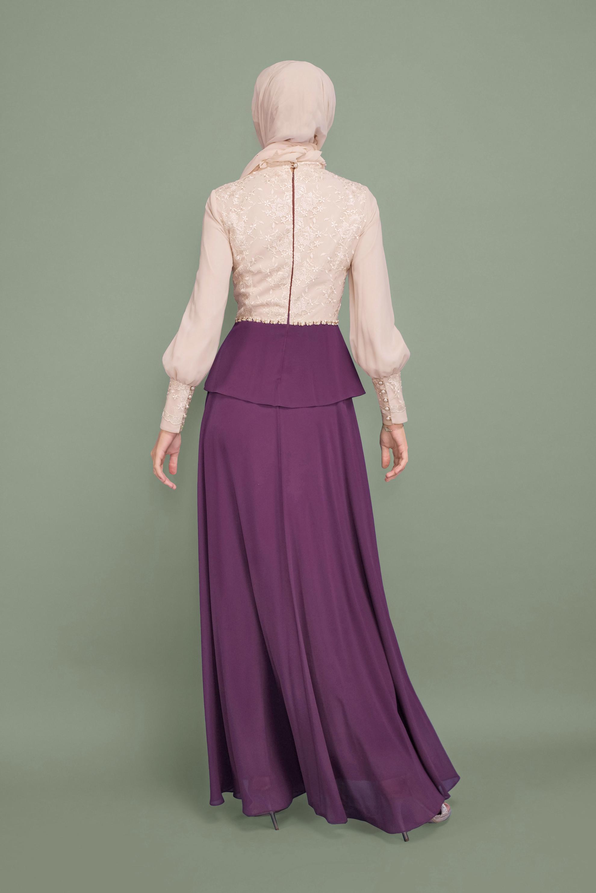 Tesettür giyim MOR BONCUK DETAYLI ŞİFON ABİYE ELBİSE 5954