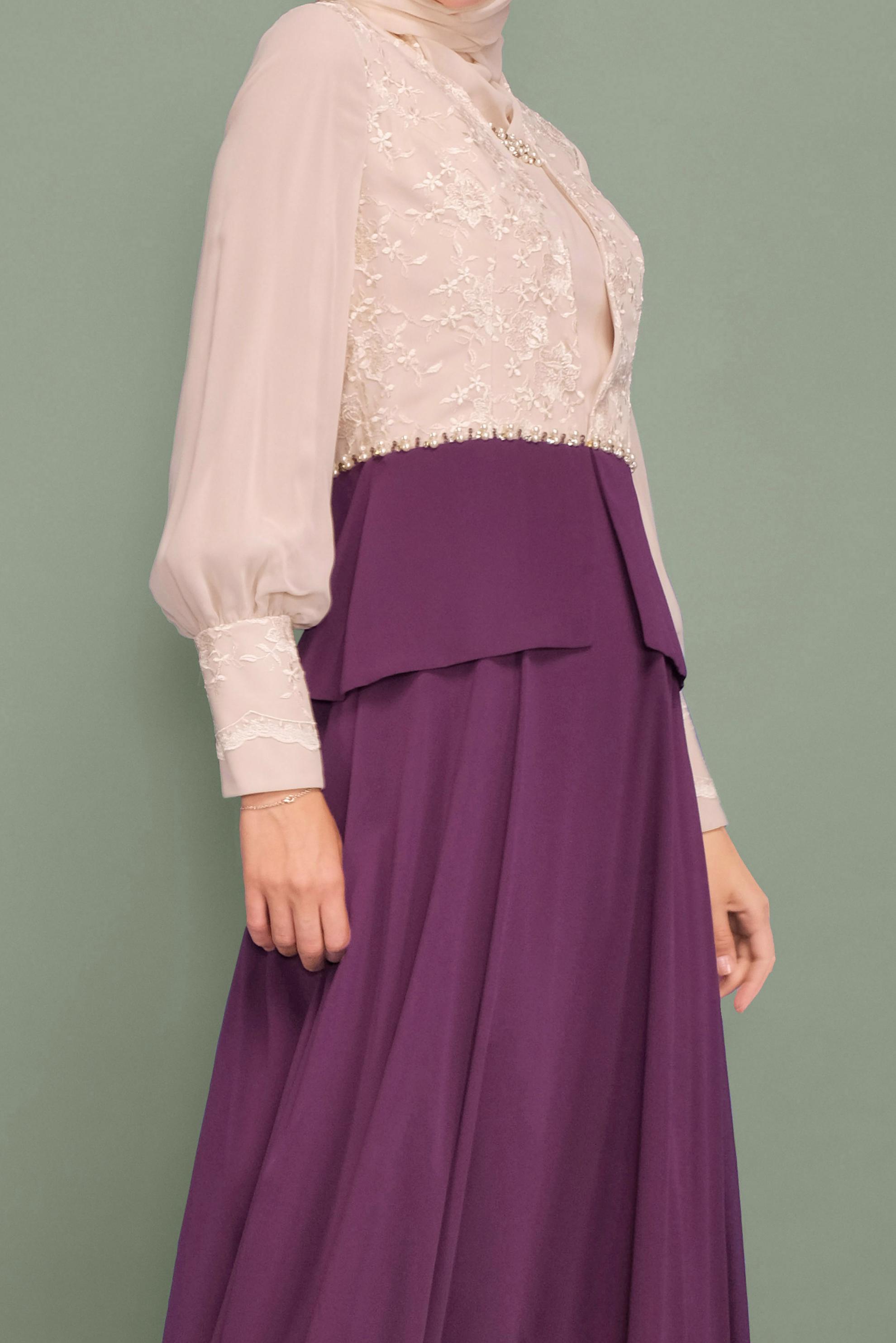 Tesettür giyim MOR BONCUK DETAYLI ŞİFON ABİYE ELBİSE 5954
