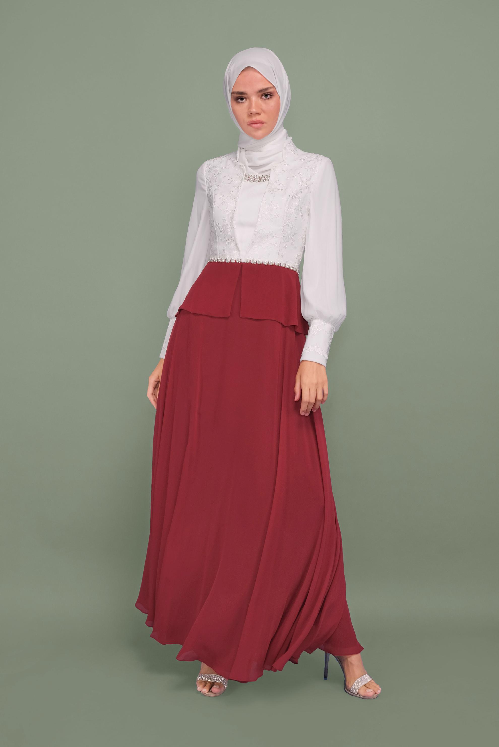 Tesettür giyim BORDO BONCUK DETAYLI ŞİFON ABİYE ELBİSE 5954