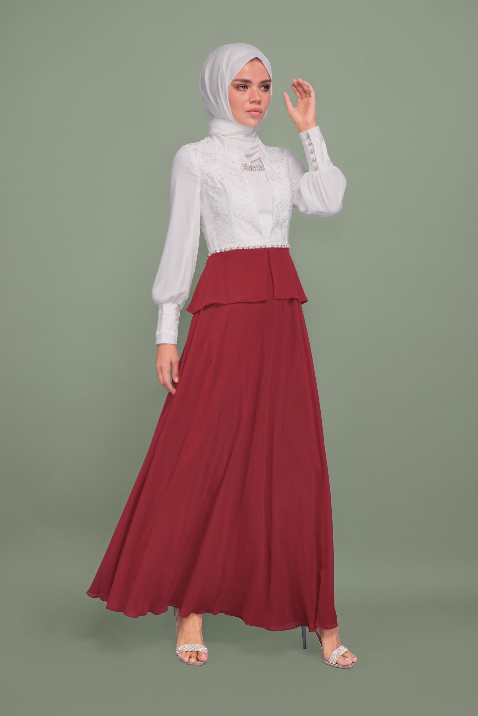 Tesettür giyim BORDO BONCUK DETAYLI ŞİFON ABİYE ELBİSE 5954