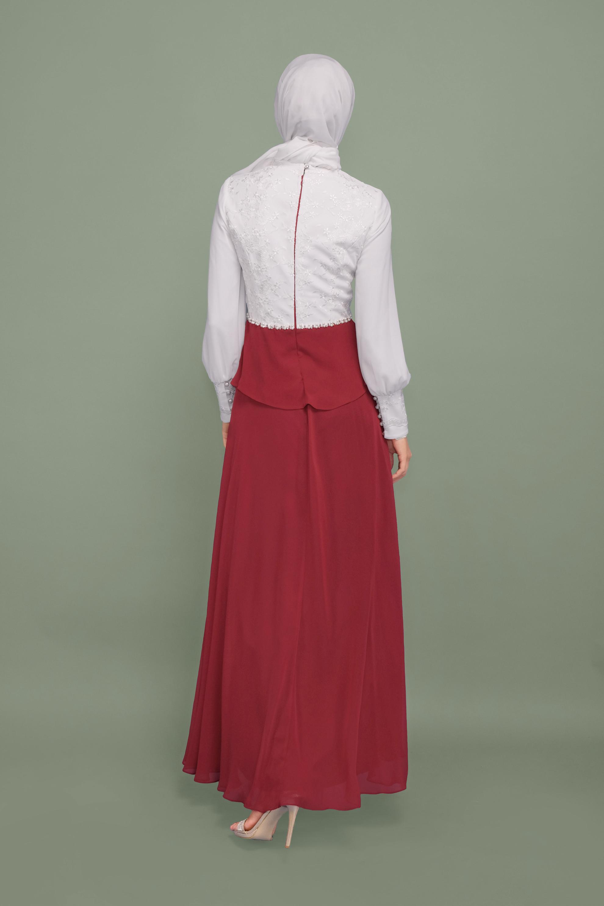 Tesettür giyim BORDO BONCUK DETAYLI ŞİFON ABİYE ELBİSE 5954