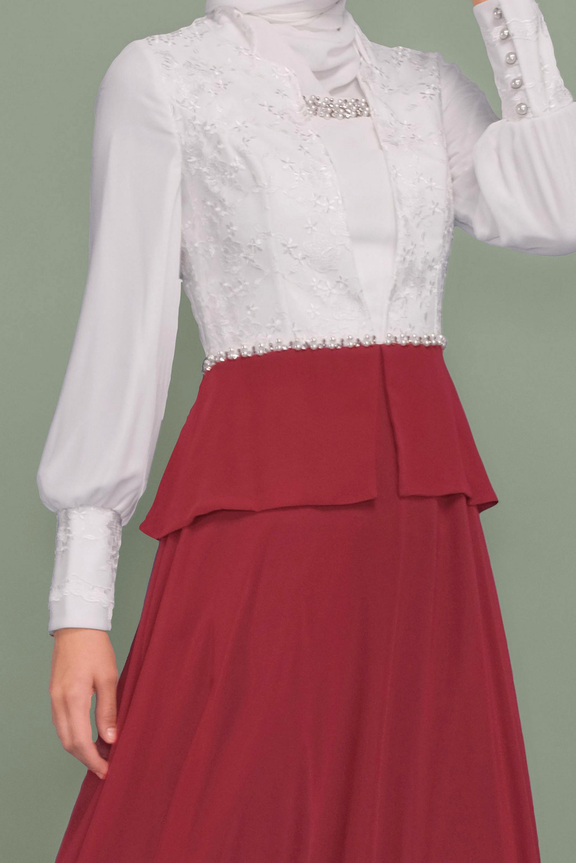 Tesettür giyim BORDO BONCUK DETAYLI ŞİFON ABİYE ELBİSE 5954