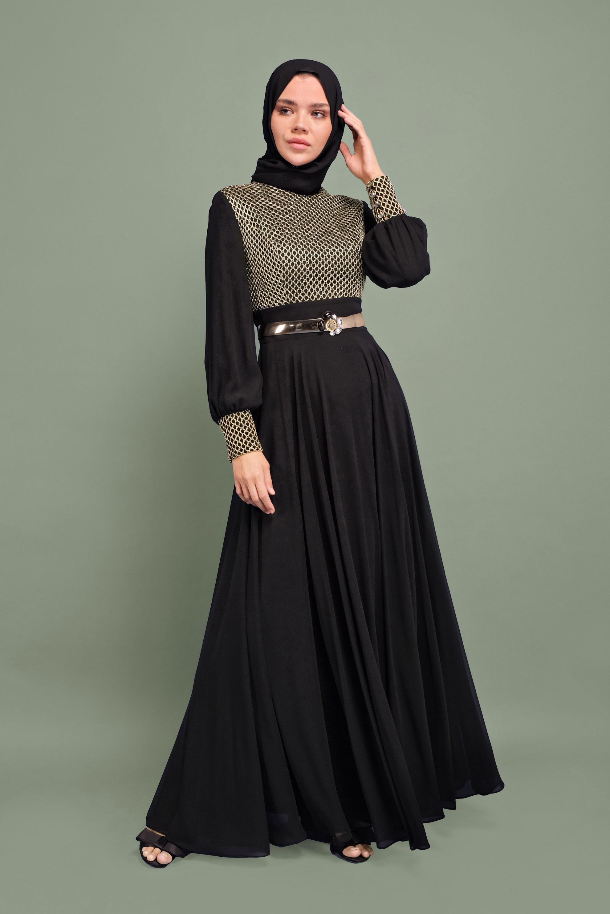 Tesettür giyim SİYAH KEMERLİ FİLE DETAYLI ABİYE ELBİSE 5969