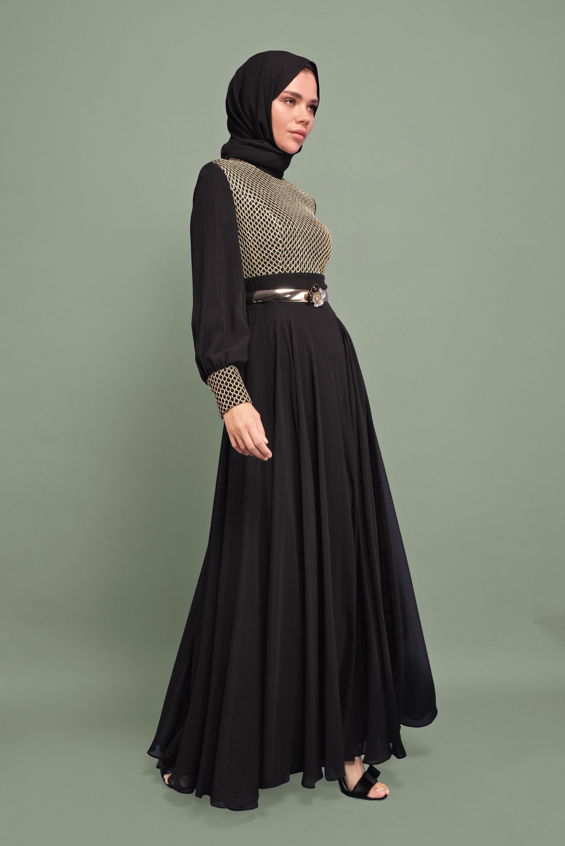 Tesettür giyim SİYAH KEMERLİ FİLE DETAYLI ABİYE ELBİSE 5969