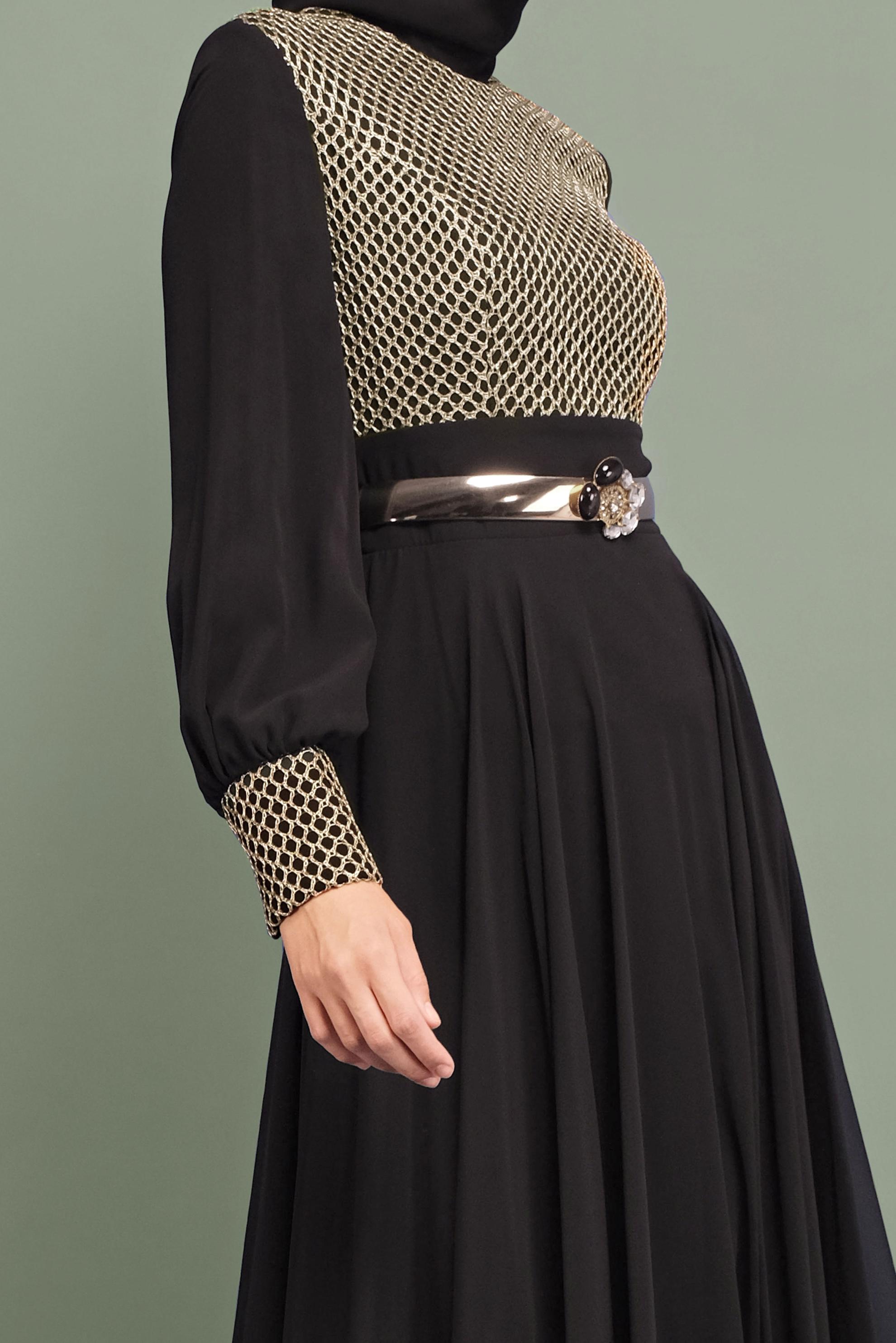 Tesettür giyim SİYAH KEMERLİ FİLE DETAYLI ABİYE ELBİSE 5969