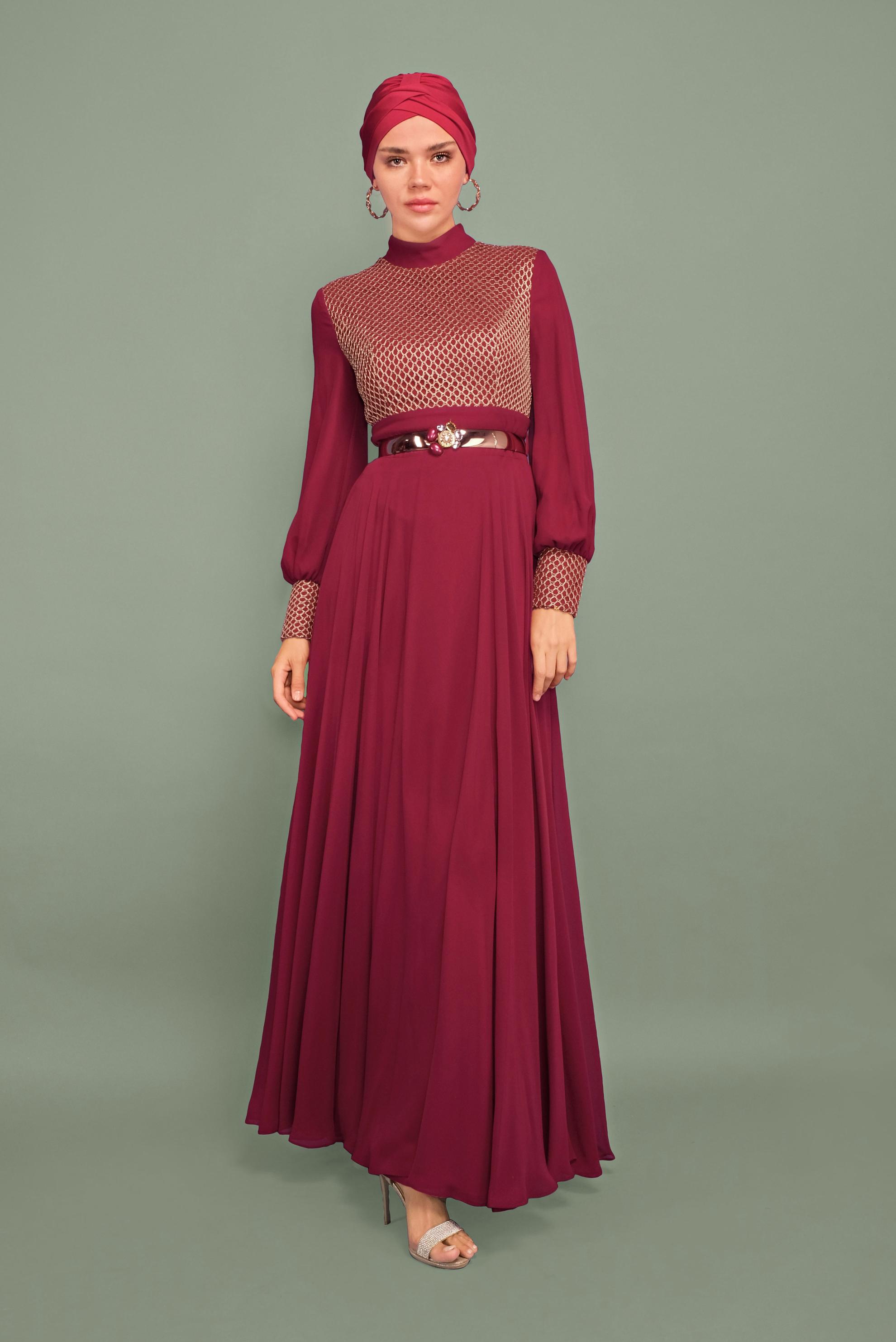 Tesettür giyim BORDO KEMERLİ FİLE DETAYLI ABİYE ELBİSE 5969