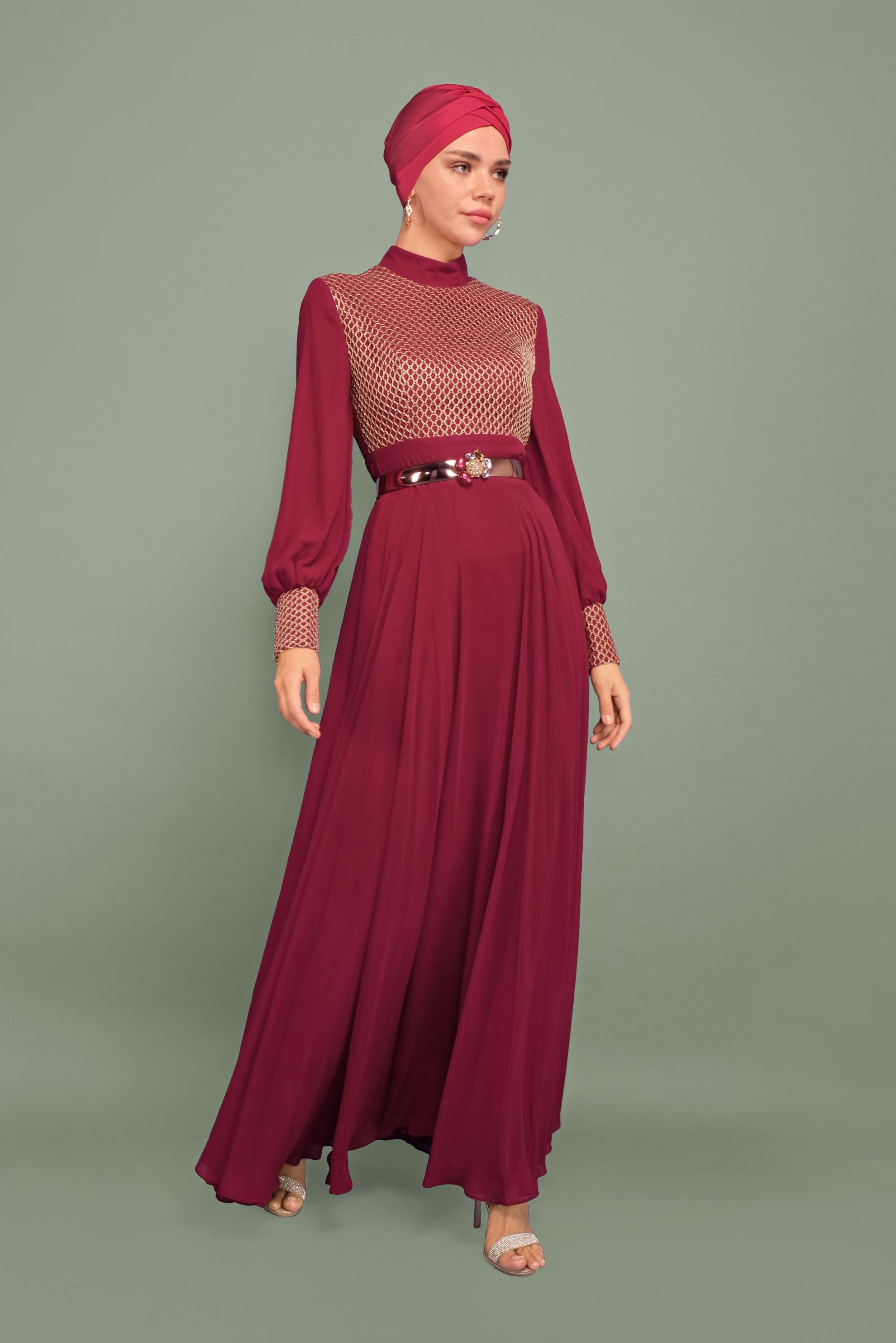 Tesettür giyim BORDO KEMERLİ FİLE DETAYLI ABİYE ELBİSE 5969