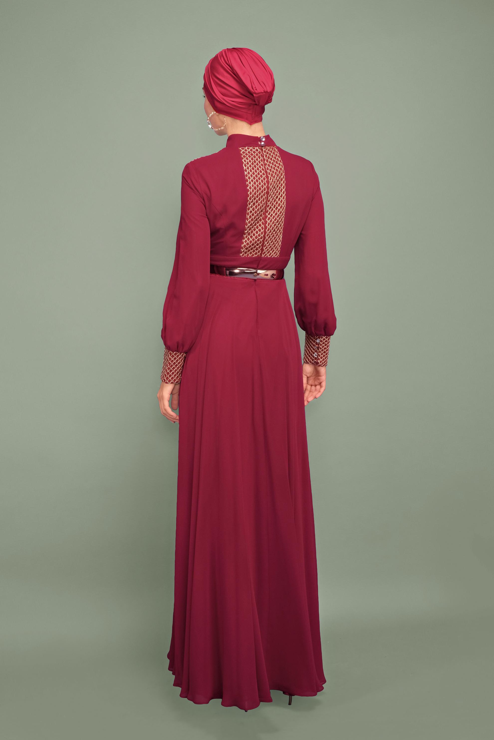 Tesettür giyim BORDO KEMERLİ FİLE DETAYLI ABİYE ELBİSE 5969
