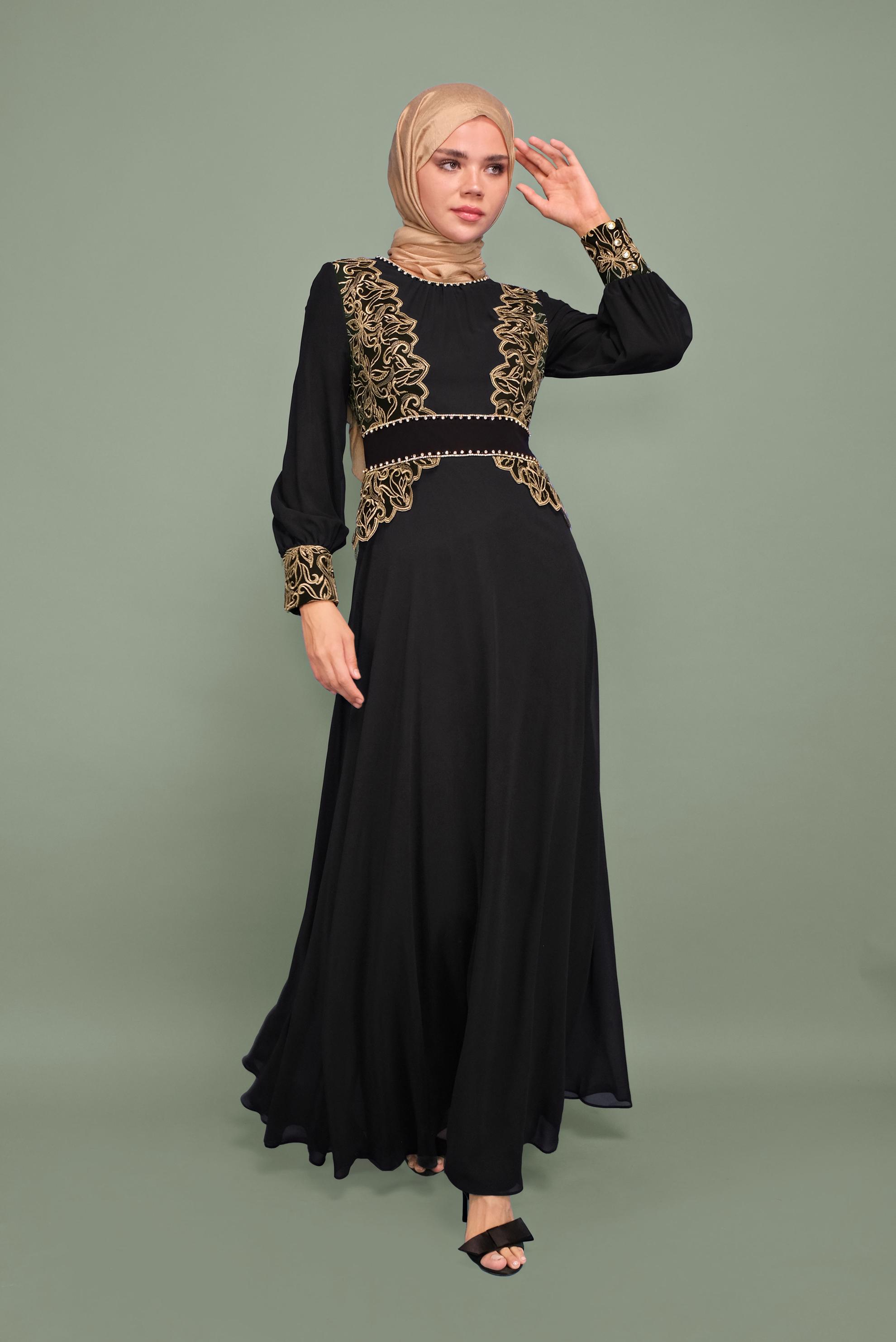 Tesettür giyim SİYAH NAKIŞLI ŞİFON ABİYE ELBİSE 5972