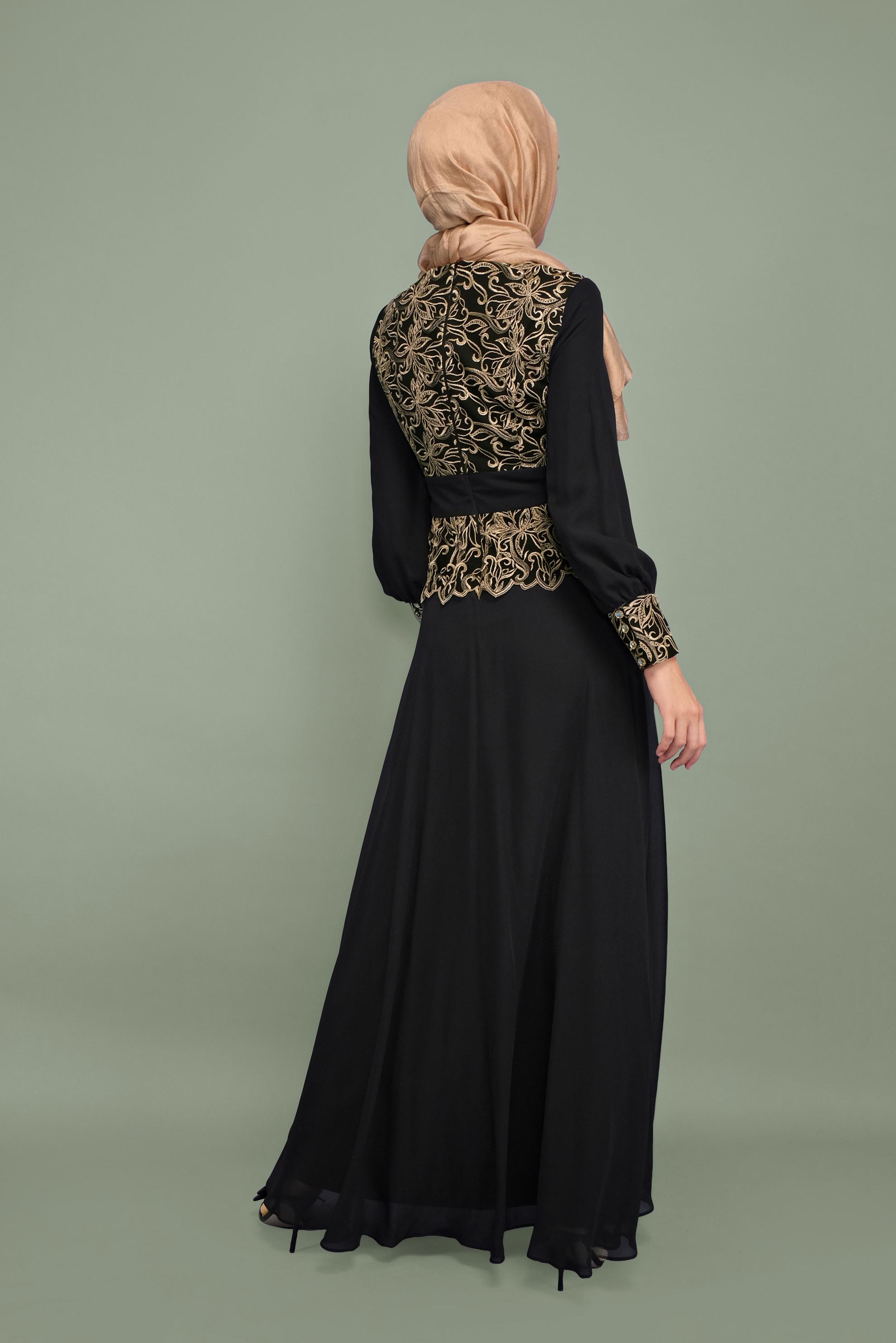 Tesettür giyim SİYAH NAKIŞLI ŞİFON ABİYE ELBİSE 5972