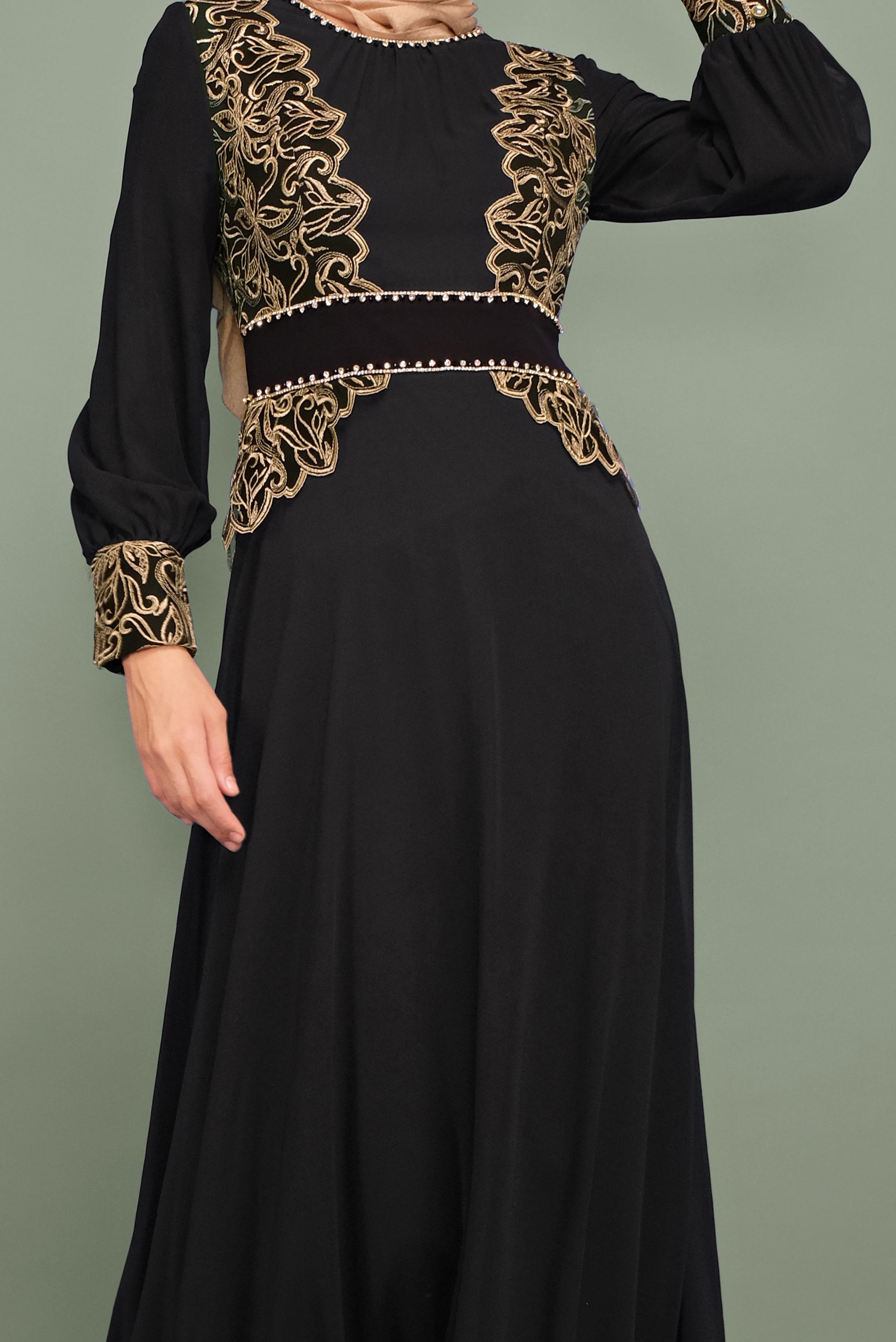 Tesettür giyim SİYAH NAKIŞLI ŞİFON ABİYE ELBİSE 5972