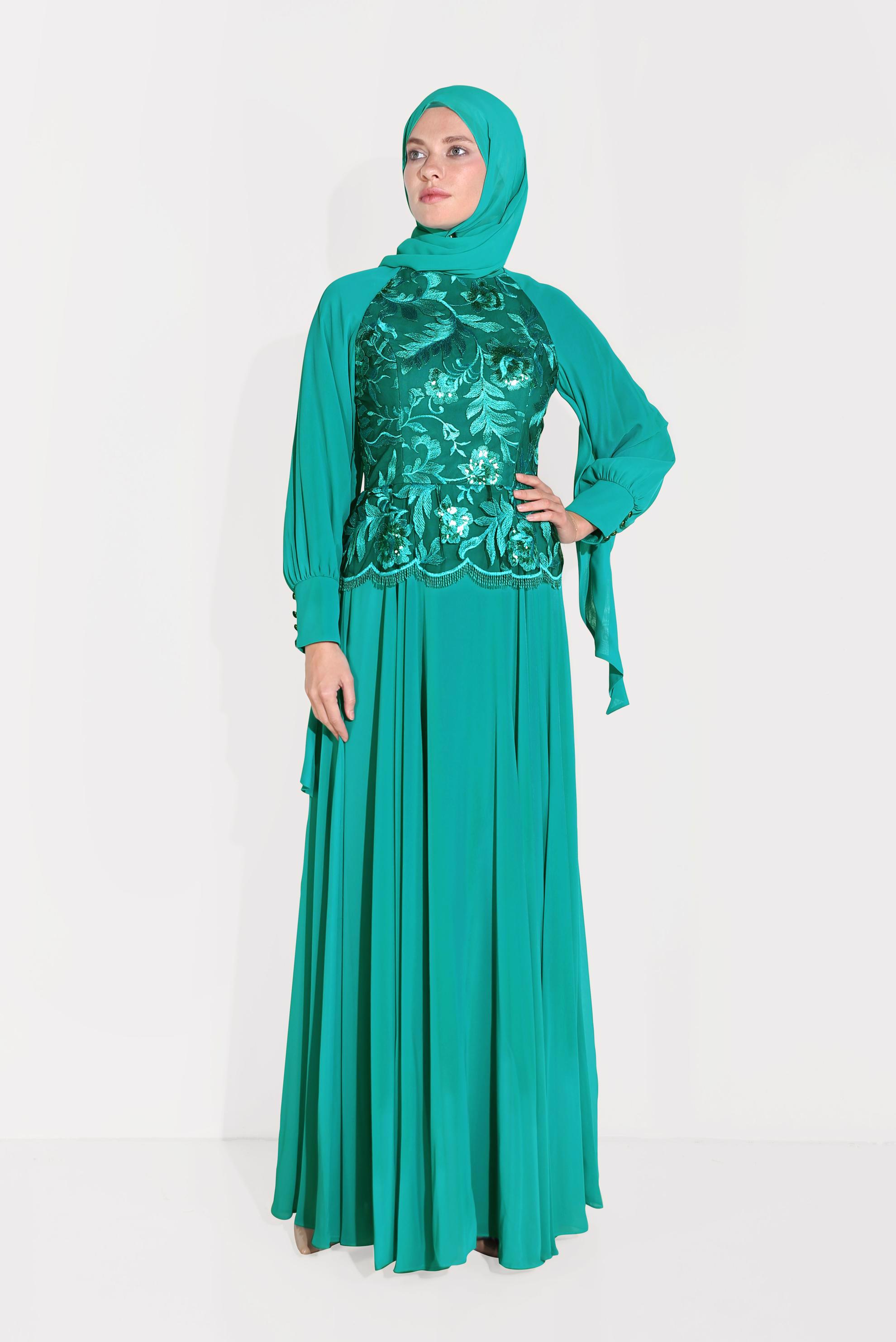 Tesettür giyim MAVİ NAKIŞLI ŞİFON ABİYE ELBİSE 5982