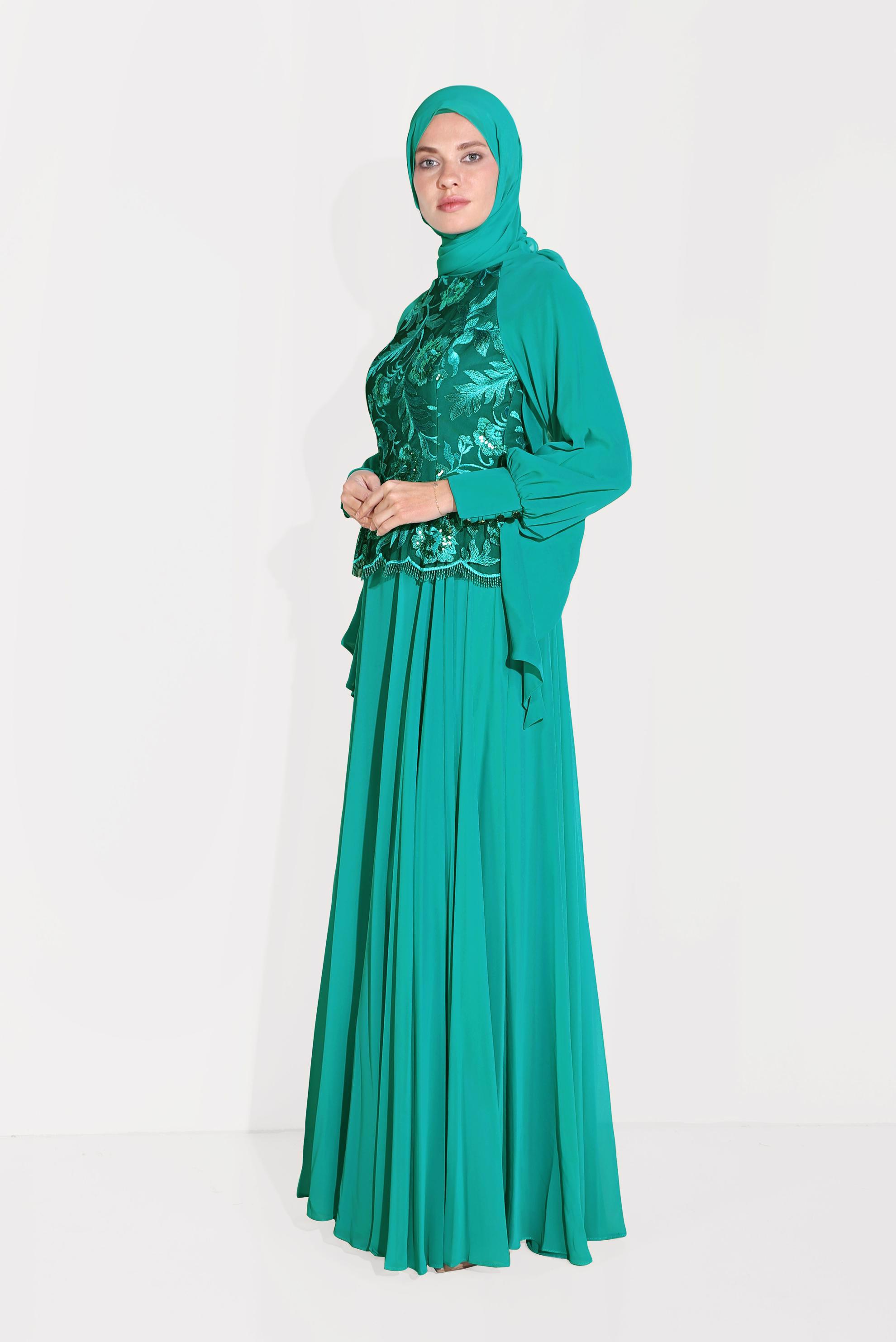 Tesettür giyim MAVİ NAKIŞLI ŞİFON ABİYE ELBİSE 5982