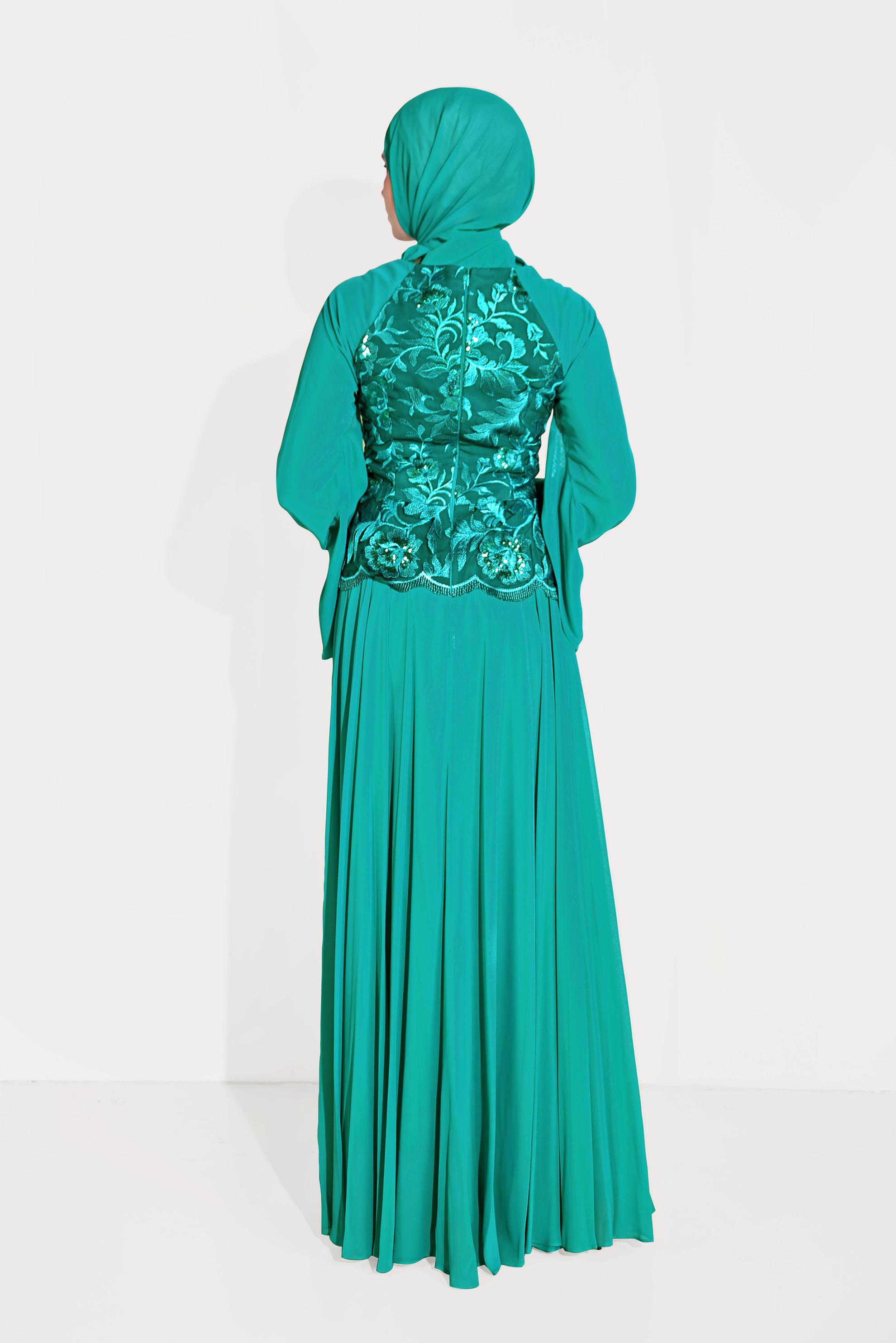 Tesettür giyim MAVİ NAKIŞLI ŞİFON ABİYE ELBİSE 5982