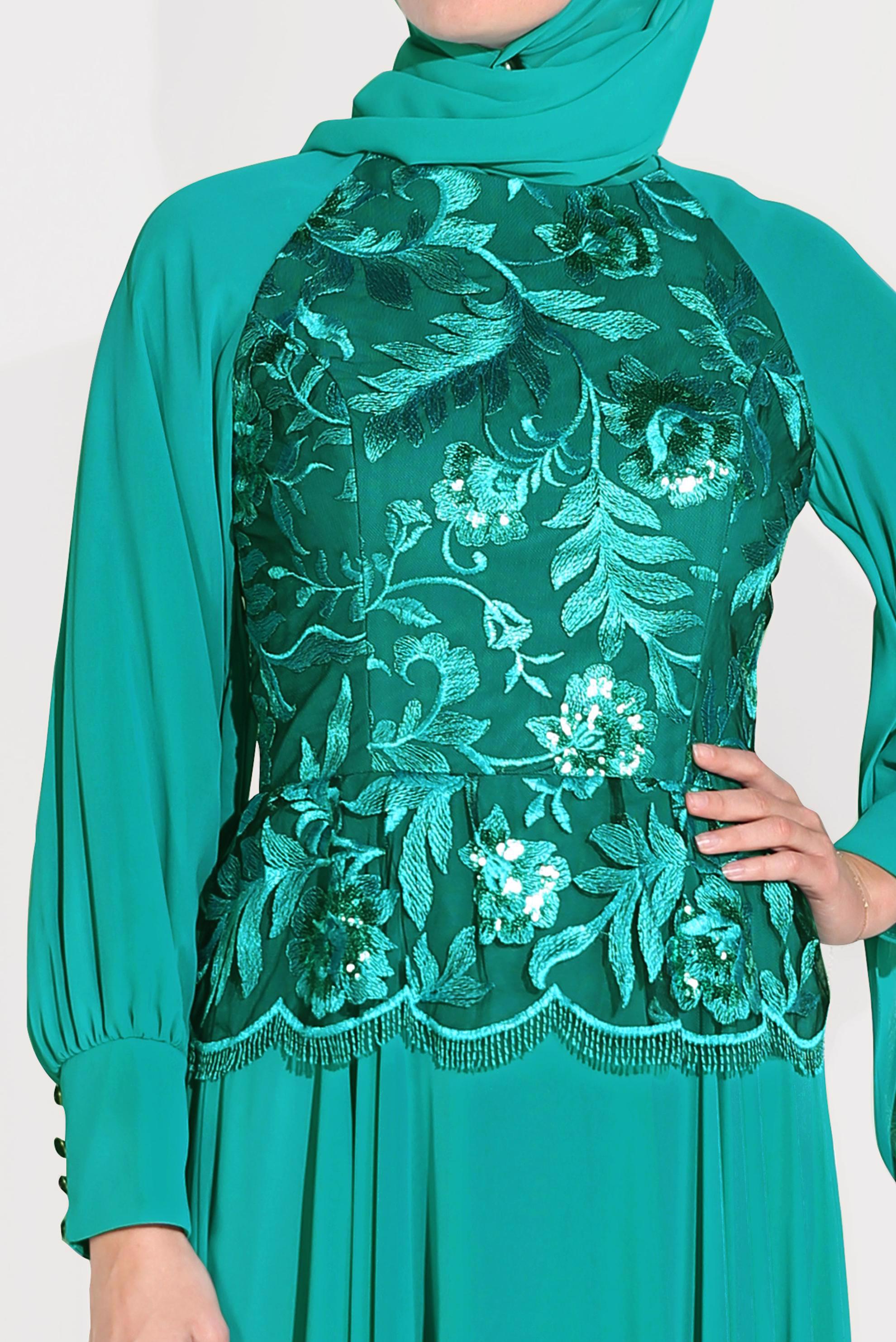 Tesettür giyim MAVİ NAKIŞLI ŞİFON ABİYE ELBİSE 5982