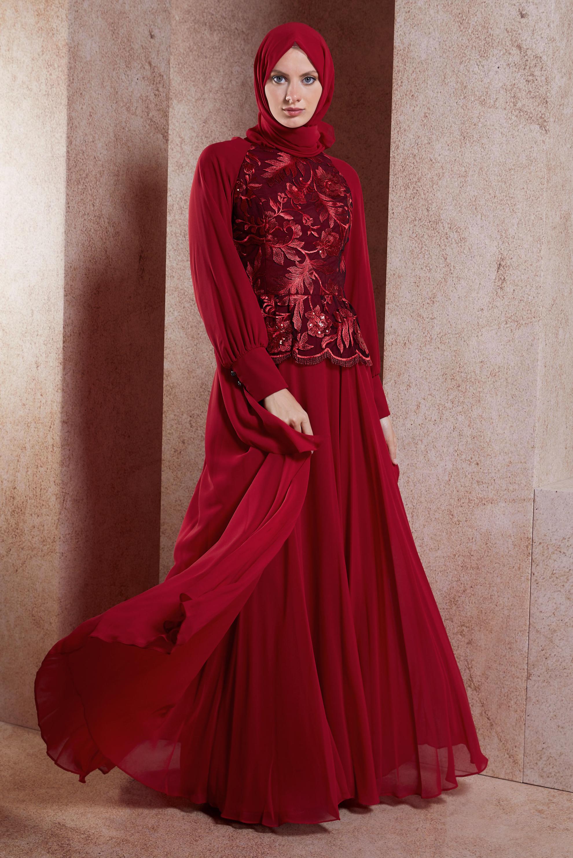 Tesettür giyim BORDO NAKIŞLI ŞİFON ABİYE ELBİSE 5982