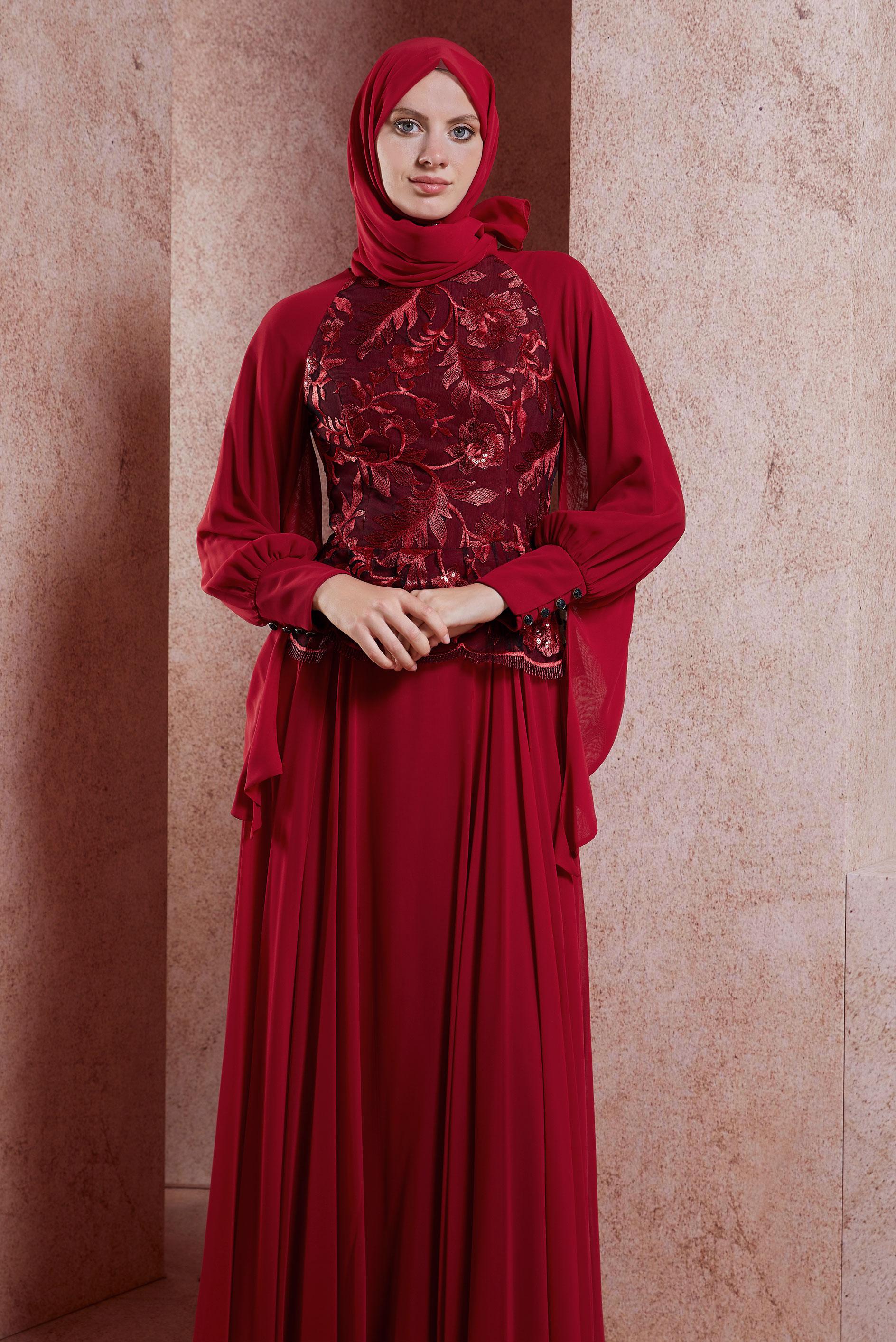 Tesettür giyim BORDO NAKIŞLI ŞİFON ABİYE ELBİSE 5982