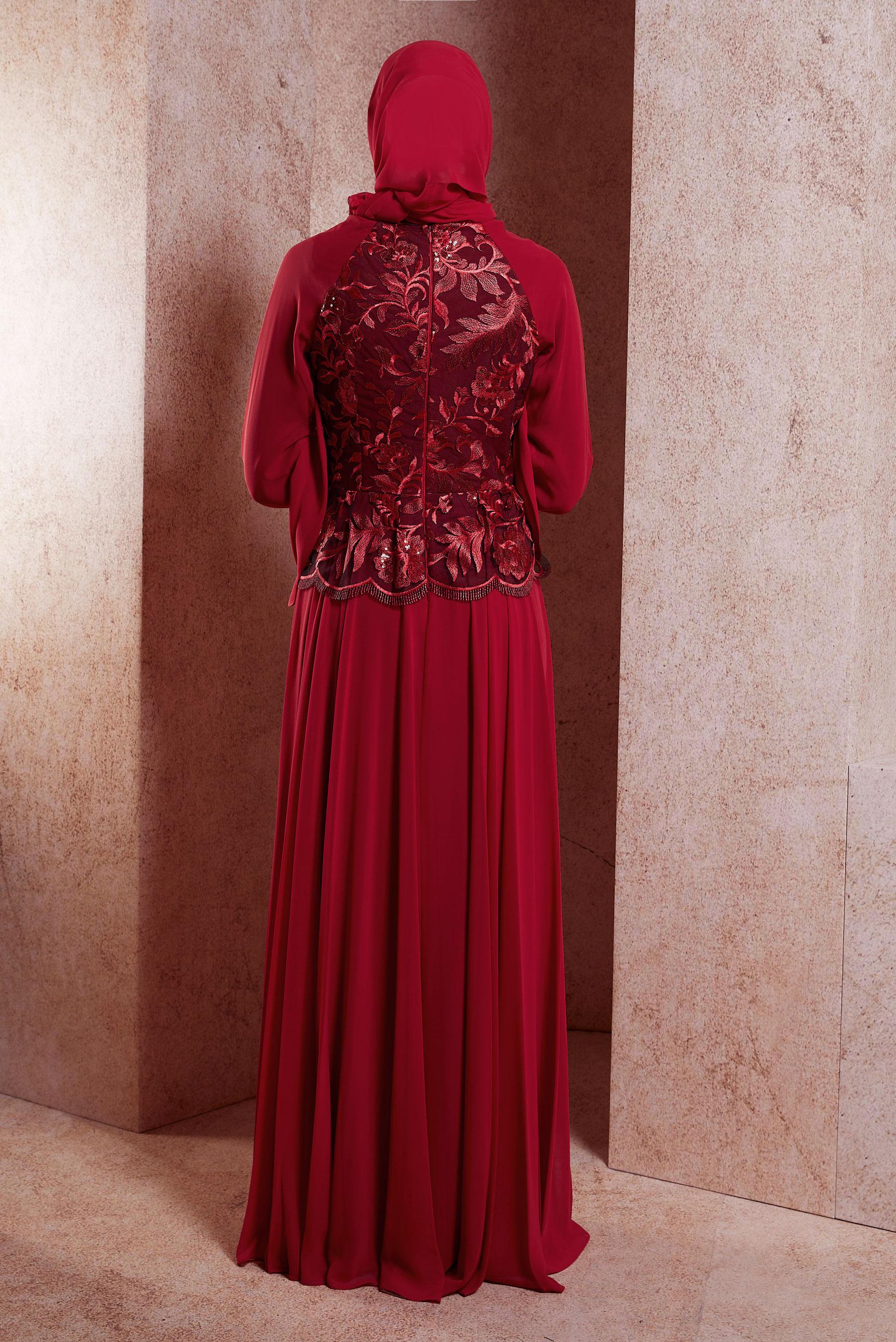 Tesettür giyim BORDO NAKIŞLI ŞİFON ABİYE ELBİSE 5982