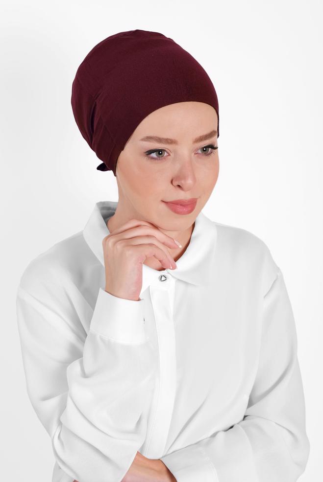 Vêtements hijab ROUGE BORDEAUX BONNET PEIGNÉ SANS COUTURE 40064-1  - ALVİNA