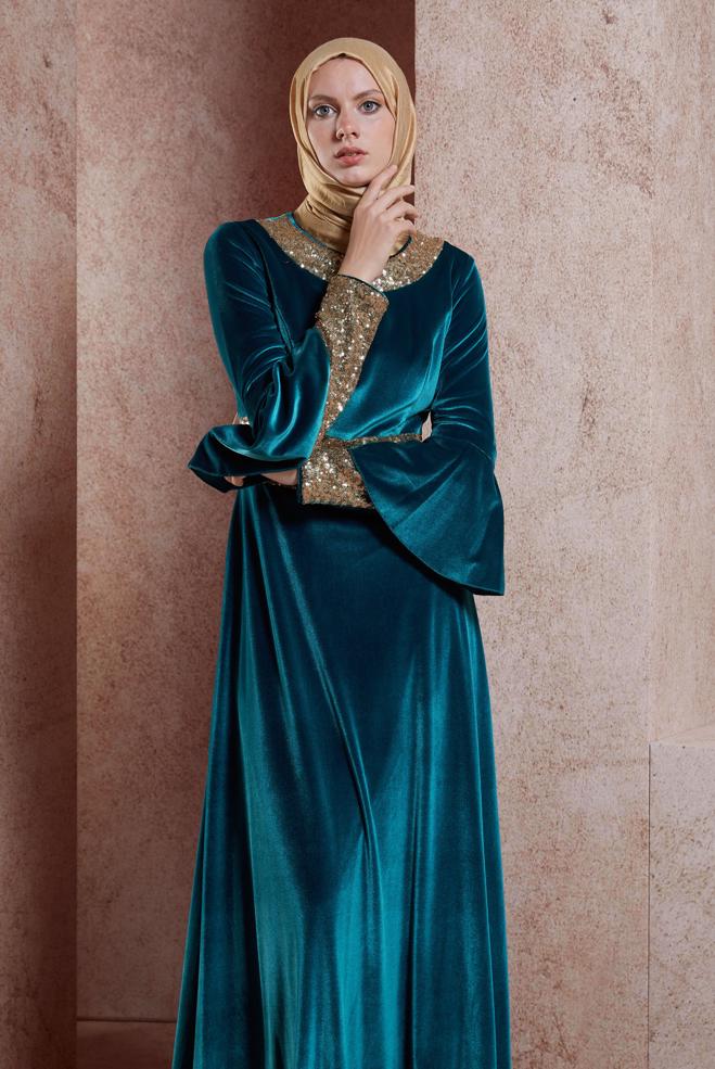 Vêtements hijab BLEU ROBE DE SOIRÉE À PAILLETTES 5963 - ALVİNA