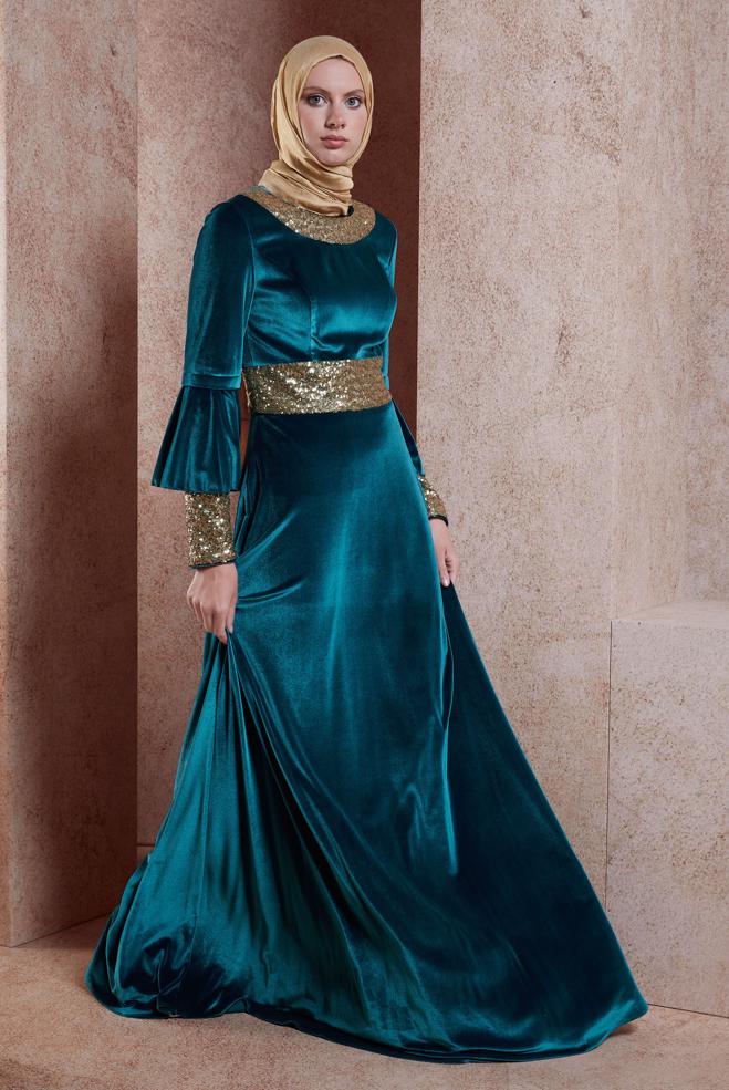 Vêtements hijab BLEU ROBE DE SOIRÉE À PAILLETTES 5963 - ALVİNA