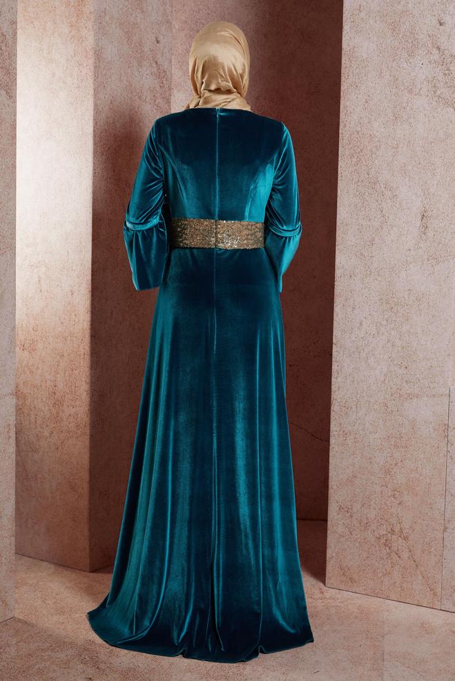 Vêtements hijab BLEU ROBE DE SOIRÉE À PAILLETTES 5963 - ALVİNA