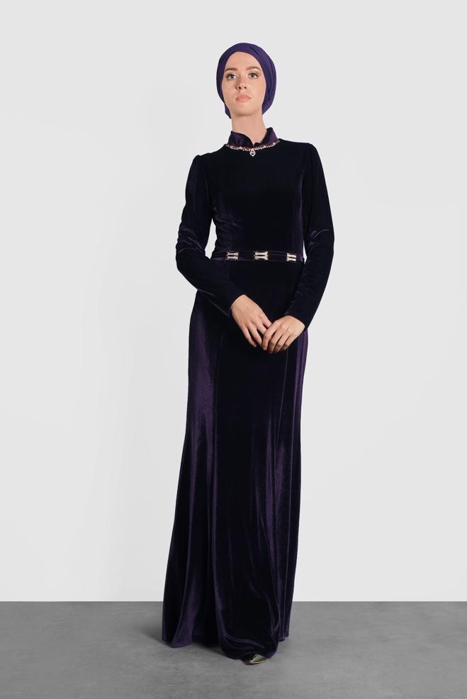 Hijab clothing PURPLE VELVET EVENING DRESS 5964 - ALVİNA