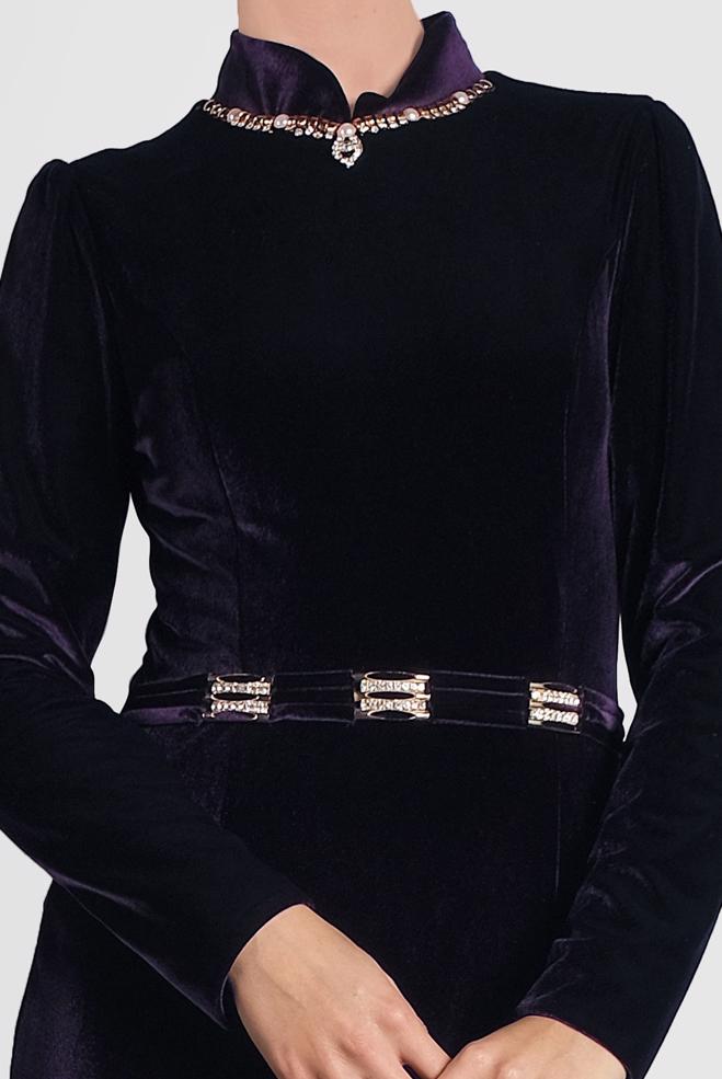 Hijab clothing PURPLE VELVET EVENING DRESS 5964 - ALVİNA