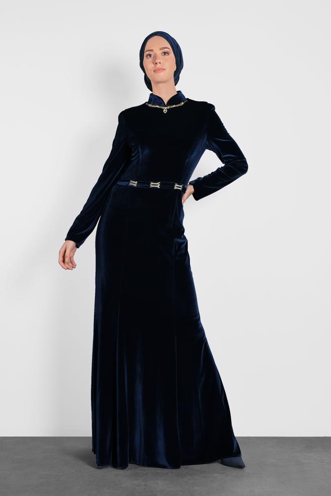 Vêtements hijab BLEU MARINE ROBE DE SOIRÉE EN VELOURS 5964 - ALVİNA