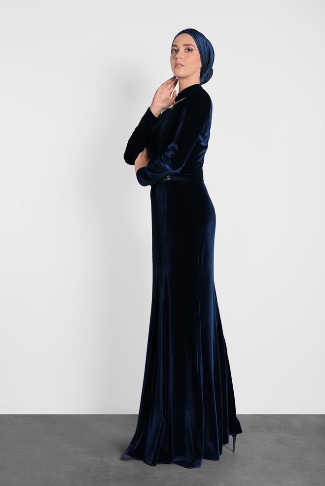 Vêtements hijab BLEU MARINE ROBE DE SOIRÉE EN VELOURS 5964 - ALVİNA