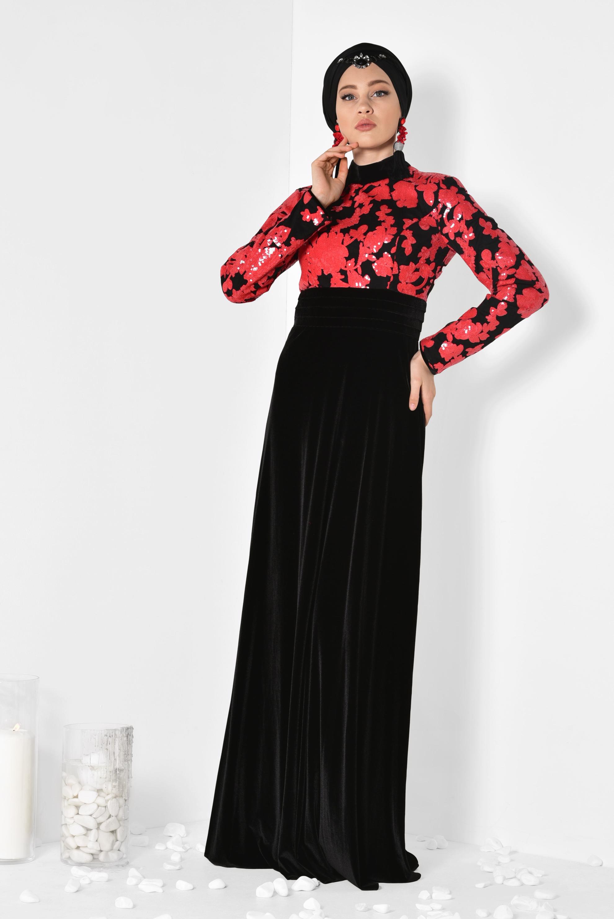 Hijab clothing RED Sequined Velvet Evening Dress 5974 