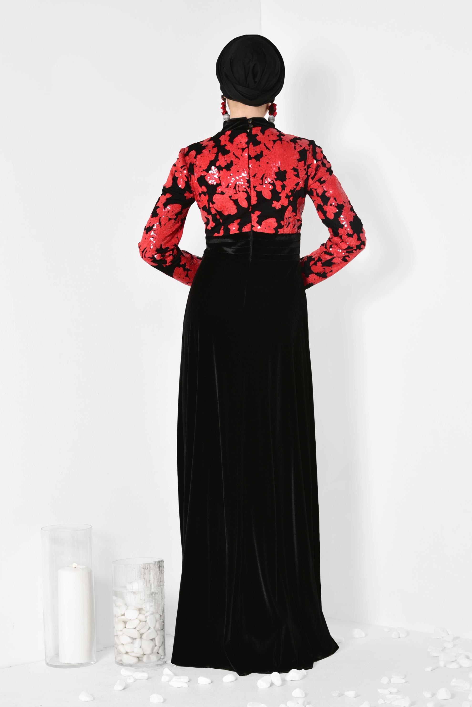 Hijab clothing RED Sequined Velvet Evening Dress 5974 