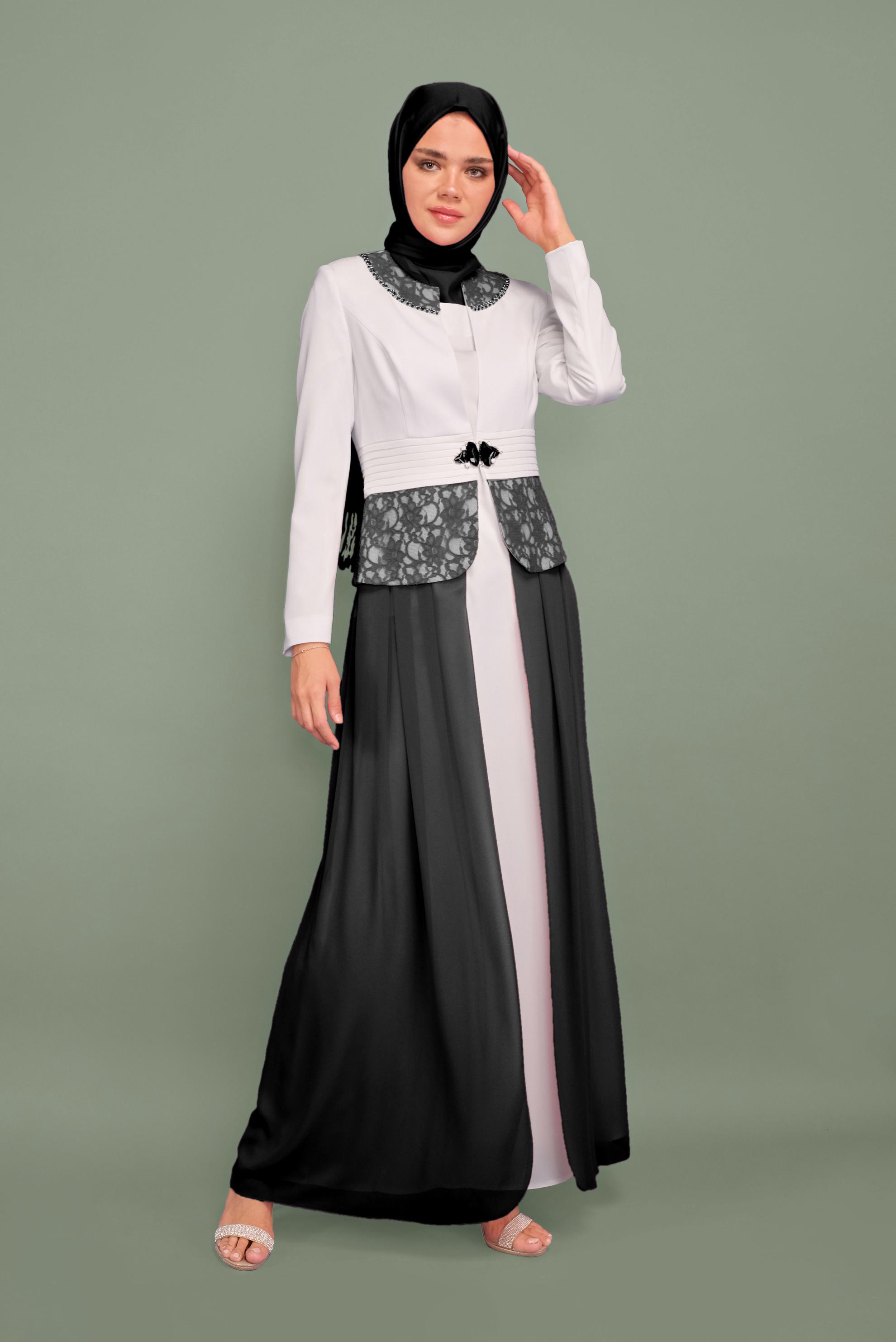 Tesettür giyim SİYAH ŞİFON DETAYLI ABİYE ELBİSE 5980 