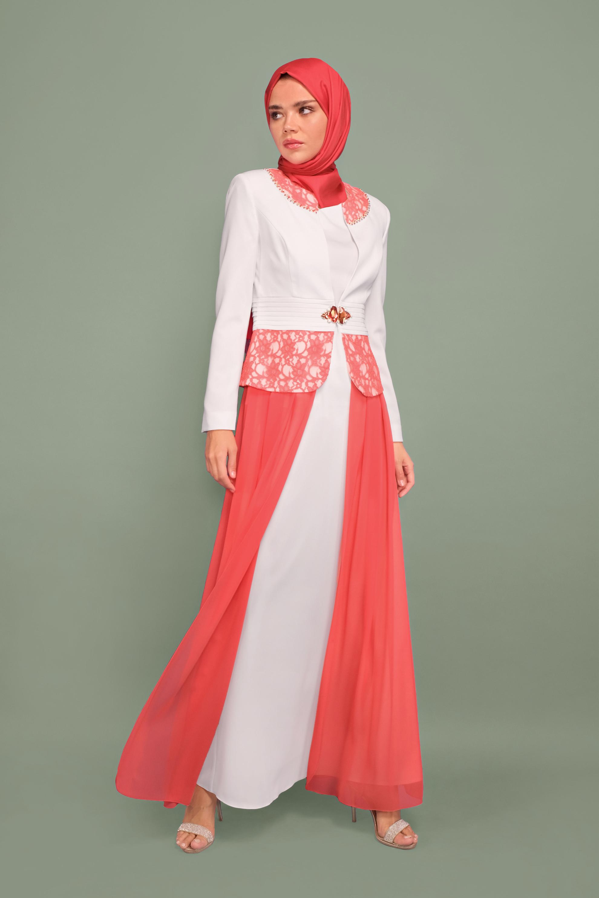 Tesettür giyim MERCAN ŞİFON DETAYLI ABİYE ELBİSE 5980 