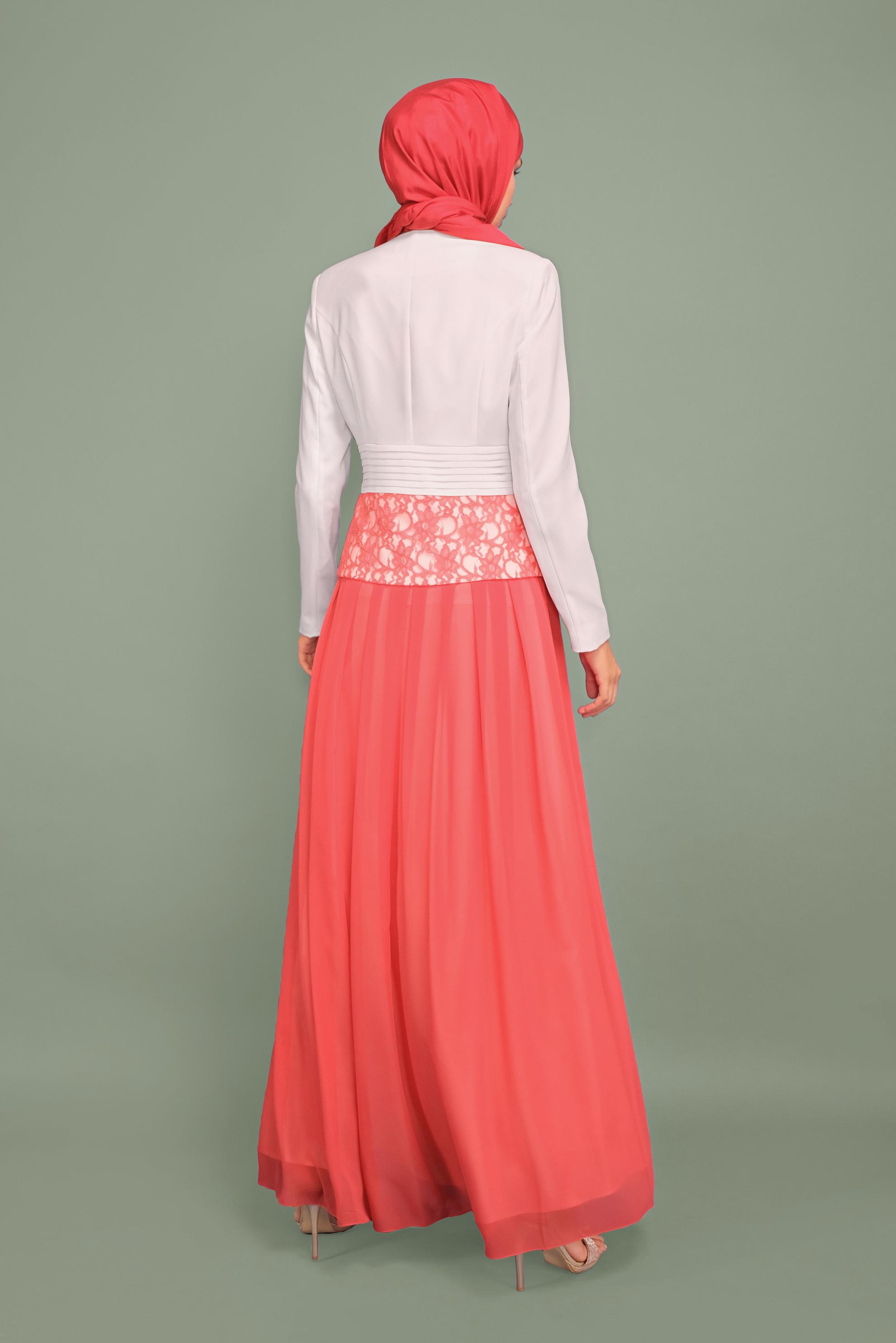 Tesettür giyim MERCAN ŞİFON DETAYLI ABİYE ELBİSE 5980 