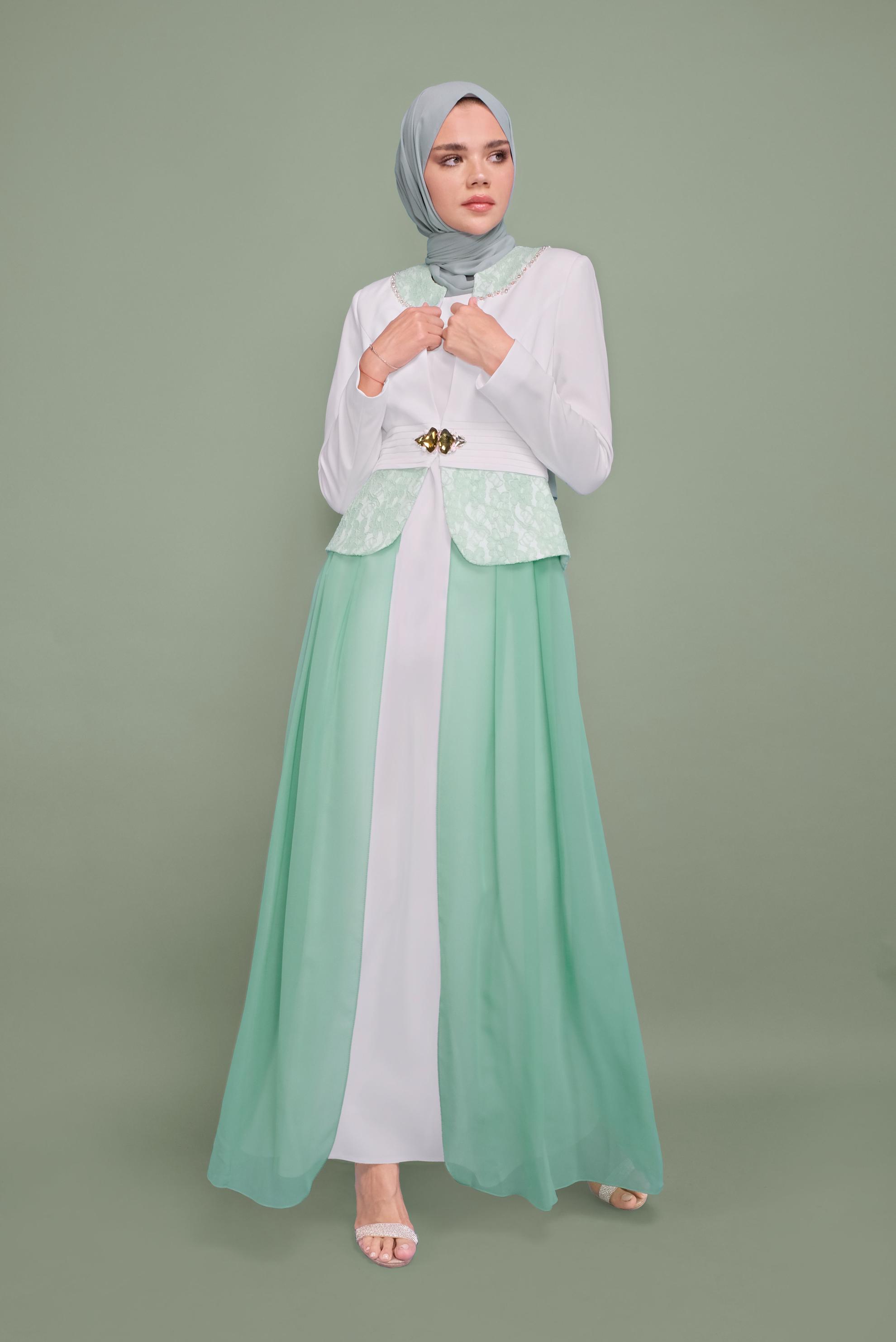 Tesettür giyim YEŞİL ŞİFON DETAYLI ABİYE ELBİSE 5980 