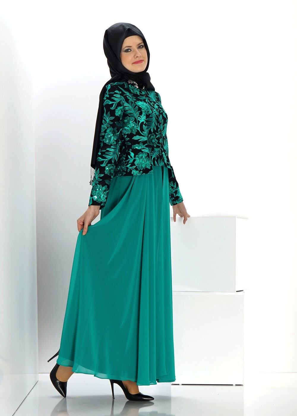 Hijab clothing BLUE FLOWER PATTERN EVENING DRESS 5986